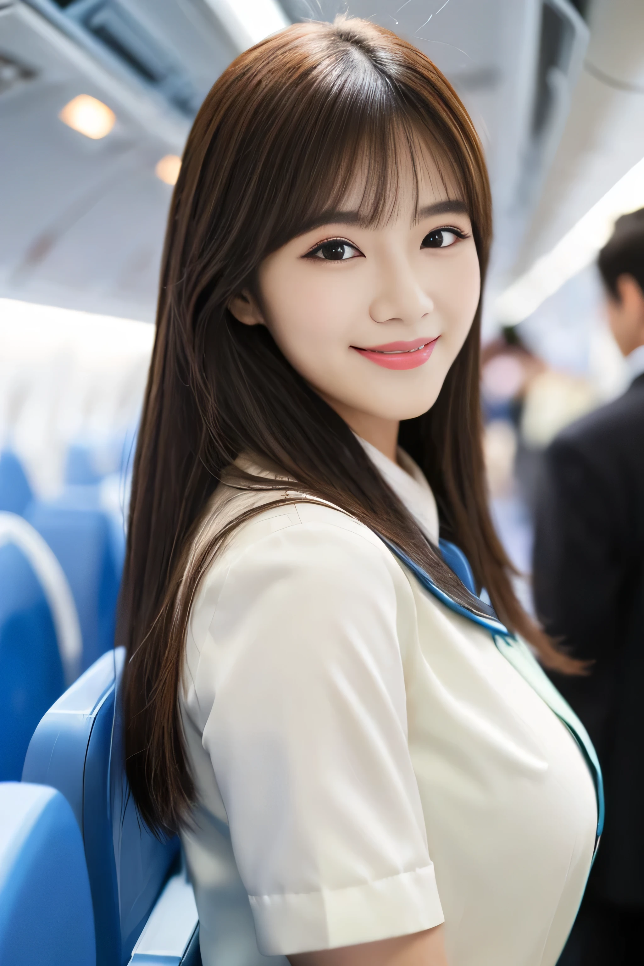 (Shooting from the waist up)　(big breasts)　((highest quality)), ((masterpiece)), (get used to it)　perfect beautiful face　(The most beautiful 24-year-old Japanese in Japan)　　(She stands tall in the aisle of the plane., towards the viewer, With perfect posture)　(This is inside an international flight.　Professional interior decoration)　((She turns to the viewer and gazes lovingly at　and、With a bright face and a smile))　(The bangs are cutely styled in a princess cut., dull bangs)　　Straight bob cut　(Professional flawless beautiful makeup)　lipstick is bright red　Eyeliner is black　(Her hair is detailed and realistic., thin, shiny,Beautiful luster　a lot of hair　And beautiful.)　((Rich 1.4))　8K　(Ultra-fine skin texture 1.4)　(actual, lively:1.4), double eyelid　sharp focus:1.2、Beautiful woman:1.4　　The whole body is super beautiful々New skin texture　She's perfect, clear, beautiful skin, Typical healthy Japanese skin tone...　Beautiful shiny makeup　Typical Japanese body type　((Typical Stewardess Uniform))　(real photos)　Hair color is blonde　Her hair is jet black.　Her hair color is light brown.　Hair color is natural brown　