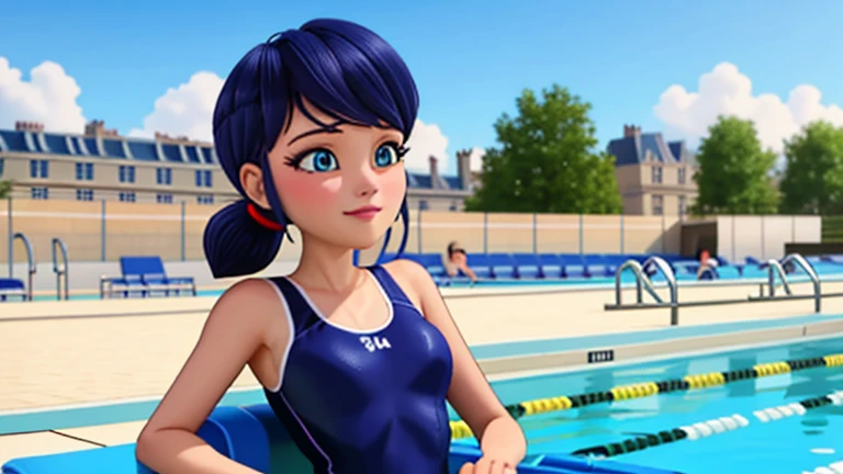 Marinette Dupain Cheng wearing an adjustable one-piece swimsuit at the school swimming pool in Paris France blue hair two ponytails, CmptSwm