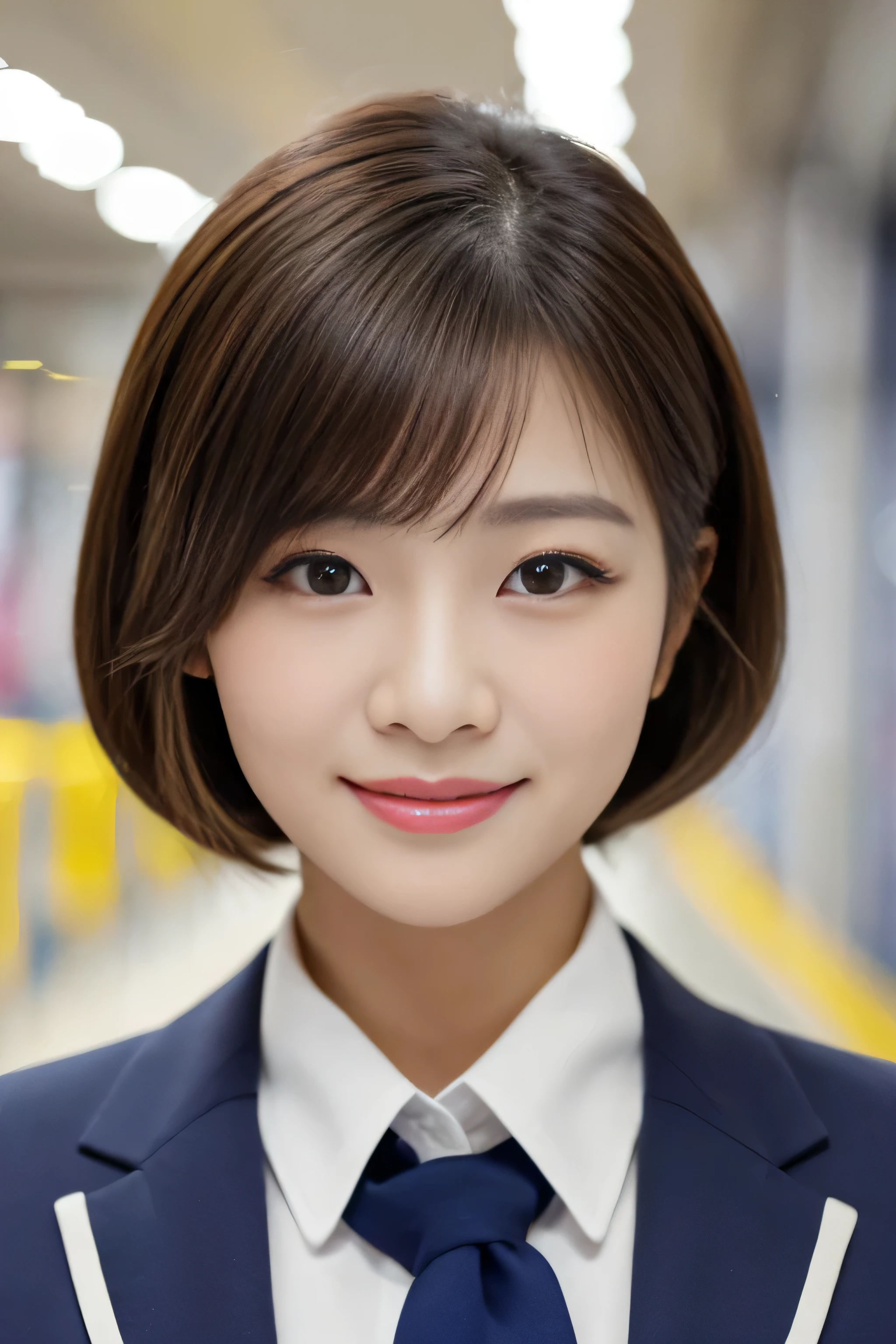 (Shooting from the waist up)　(big breasts)　((highest quality)), ((masterpiece)), (get used to it)　perfect beautiful face　(The most beautiful 24-year-old Japanese in Japan)　　(She stands tall in the aisle of the plane., towards the viewer, With perfect posture)　(This is inside an international flight.　Professional interior decoration)　((She turns to the viewer and gazes lovingly at　and、With a bright face and a smile))　(The bangs are cutely styled in a princess cut., dull bangs)　　Straight bob cut　(Professional flawless beautiful makeup)　lipstick is bright red　Eyeliner is black　(Her hair is detailed and realistic., thin, shiny,Beautiful luster　a lot of hair　And beautiful.)　((Rich 1.4))　8K　(Ultra-fine skin texture 1.4)　(actual, lively:1.4), double eyelid　sharp focus:1.2、Beautiful woman:1.4　　The whole body is super beautiful々New skin texture　She's perfect, clear, beautiful skin, Typical healthy Japanese skin tone...　Beautiful shiny makeup　Typical Japanese body type　((Typical Stewardess Uniform))　(real photos)　Hair color is blonde　Her hair is jet black.　Her hair color is light brown.　Hair color is natural brown