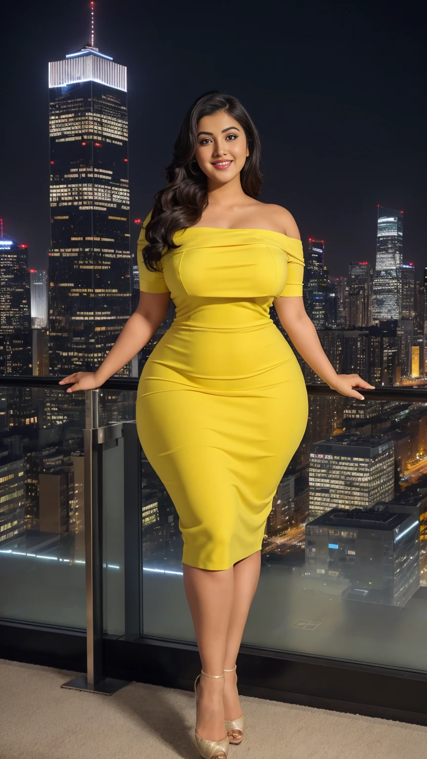 madhubala Indian beautiful actress curvy plus size hour glass bulky huge figure woman, closeup camera view, big huge m-cup breast, wearing SHEIN Young Girl Pleated Elegant Party Princess Dress SKU: sk2305049341169119 (1000+ Reviews) GBP£6.99 GBP£9.99 -30% Including VAT Color:Yellow, elegant standing position, eye contact view, different style hairstyle, bright eyes, thin eyebrows, fair skin, blushing cheeks, prefect head to toe view, full body,Cosmopolitan Cityscape: A skyline view of a bustling city with skyscrapers, lights, and urban energy., head to toe view, full body shot, full body view, smile face, black hair, Indian face, perfect skin tone light, ultra realistic skin texture