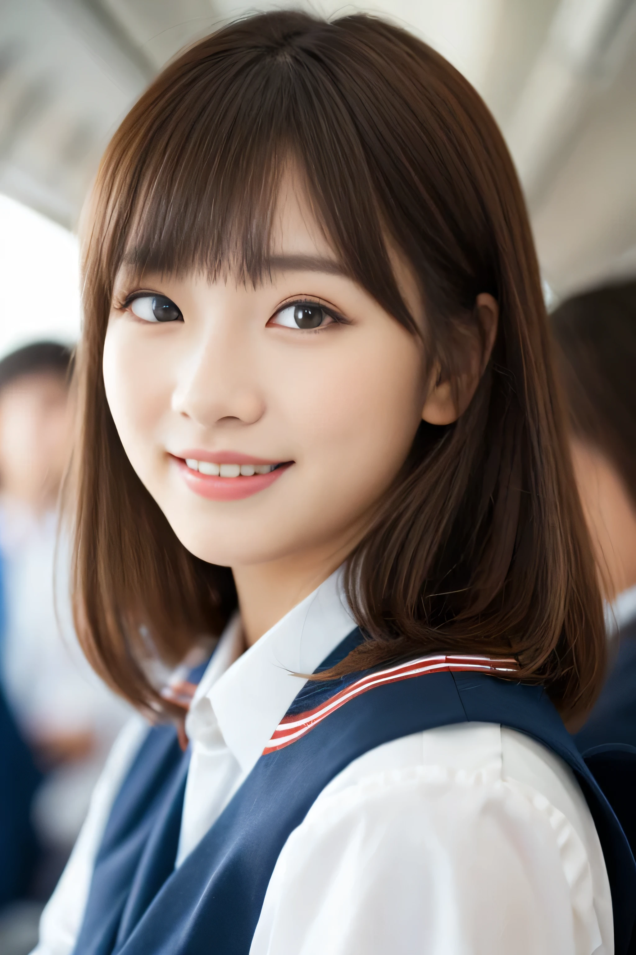 (Shooting from the waist up) (big breasts) ((highest quality)), ((masterpiece)), (get used to it) perfect beautiful face (The most beautiful 24-year-old Japanese in Japan) (She stands tall in the aisle of the plane., towards the viewer, With perfect posture) (This is inside an international flight. Professional interior decoration) ((She is looking at the audience Gazing lovingly and、With a bright face and a smile)) (The bangs are cutely styled in a princess cut., dull bangs) Straight bob cut (Professional flawless beautiful makeup) lipstick is bright red Eyeliner is black (Her hair is detailed and realistic., thin, shiny,Beautiful luster a lot of hair And beautiful.) ((Rich 1.4)) 8K (Ultra-fine skin texture 1.4) (actual, lively:1.4), double eyelid sharp focus:1.2、Beautiful woman:1.4 The whole body is super beautiful々New skin texture She's perfect, clear, beautiful skin, Typical healthy Japanese skin tone... Beautiful shiny makeup Typical Japanese body type ((Typical Stewardess Uniform)) (real photos) Hair color is blonde Her hair is jet black. Her hair color is light brown. Hair color is natural brown