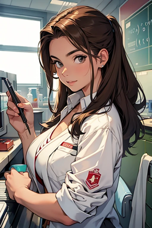 Mature women with long brown hair with lipstick , gentle eyes, holding herbs and preforming first aid , manga page with panels and dialogue