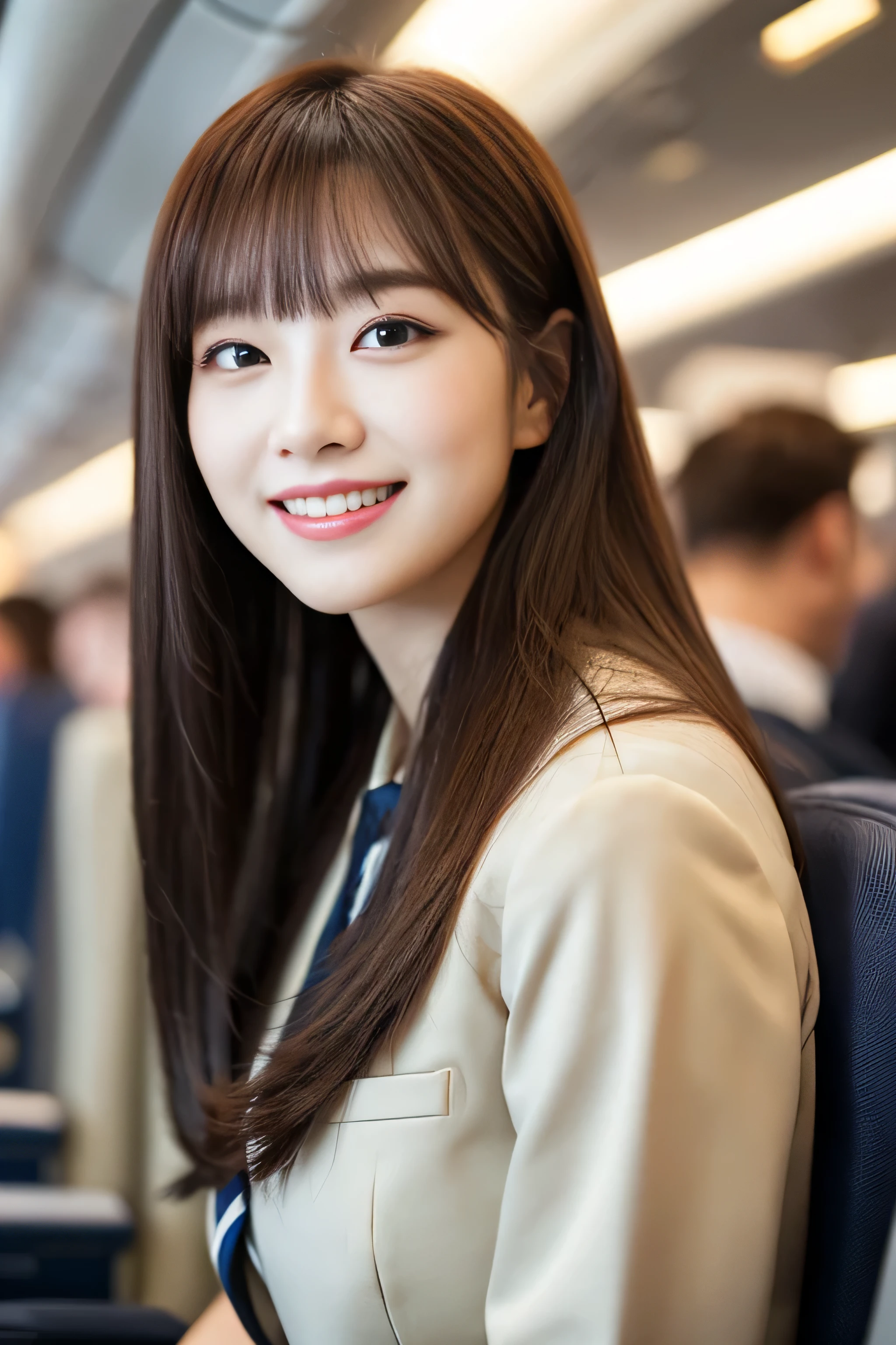 (Shooting from the waist up)　(big breasts)　((highest quality)), ((masterpiece)), (get used to it)　perfect beautiful face　(The most beautiful 24-year-old Japanese in Japan)　　(She stands tall in the aisle of the plane., towards the viewer, With perfect posture)　(This is inside an international flight.　Professional interior decoration)　((She is looking at the audience　Gazing lovingly　and、With a bright face and a smile))　(The bangs are cutely styled in a princess cut., dull bangs)　((Wavy Hair))　Hair length is random　(Professional flawless beautiful makeup)　lipstick is bright red　Eyeliner is black　(Her hair is detailed and realistic., thin, shiny,Beautiful luster　a lot of hair　And beautiful.)　((Rich 1.4))　8K　(Ultra-fine skin texture 1.4)　(actual, lively:1.4), double eyelid　sharp focus:1.2、Beautiful woman:1.4　　The whole body is super beautiful々New skin texture　She's perfect, clear, beautiful skin, Typical healthy Japanese skin tone...　Beautiful shiny makeup　Typical Japanese body type　((Typical Stewardess Uniform))　(real photos)　Hair color is blonde　Her hair is jet black.　Her hair color is light brown.　Hair color is natural brown