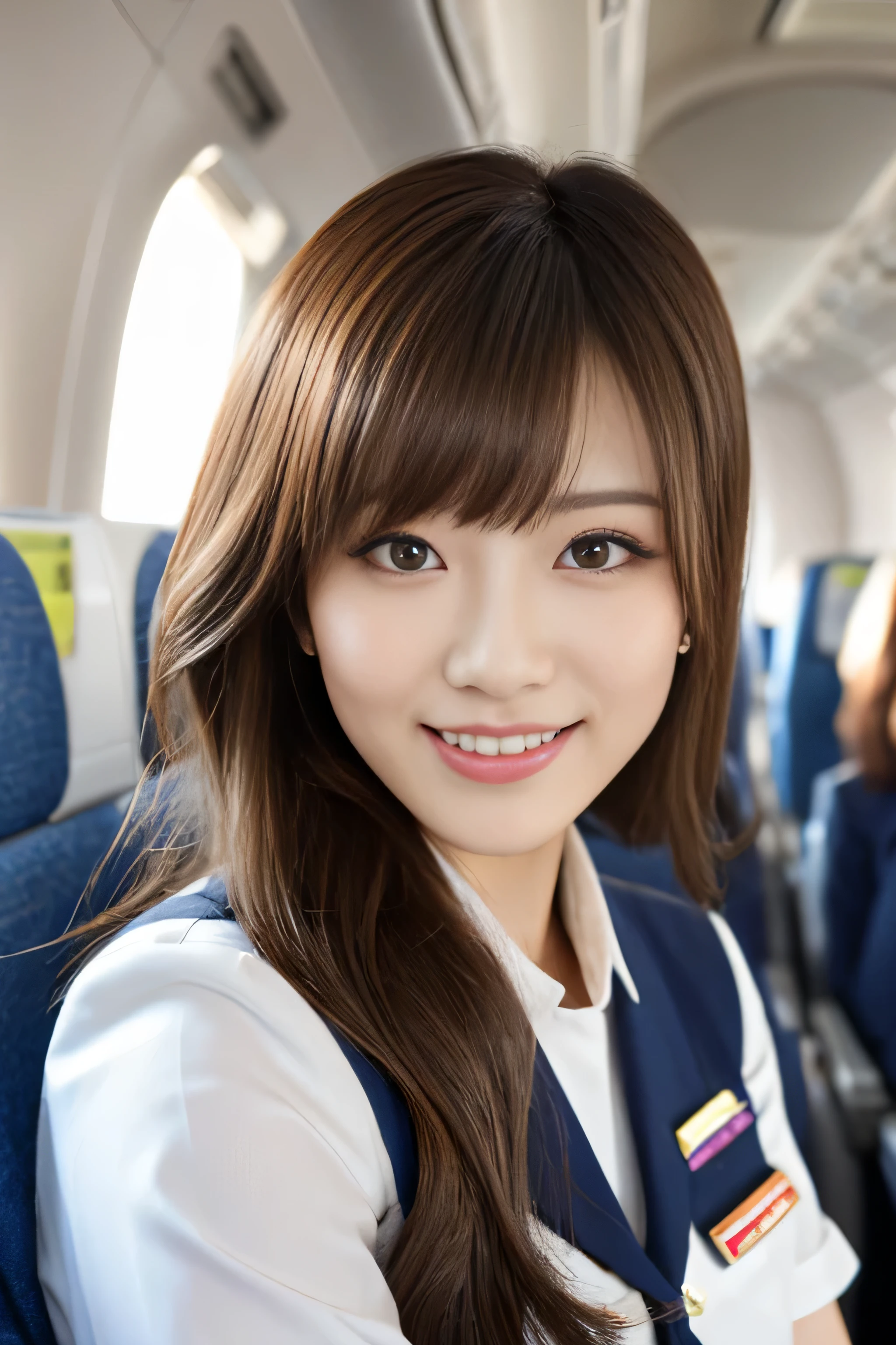 (Shooting from the waist up) (big breasts) ((highest quality)), ((masterpiece)), (get used to it) perfect beautiful face (The most beautiful 24-year-old Japanese in Japan) (She stands tall in the aisle of the plane., towards the viewer, With perfect posture) (This is inside an international flight. Professional interior decoration) ((She is looking at the audience Gazing lovingly and、With a bright face and a smile)) (The bangs are cutely styled in a princess cut., dull bangs) ((Wavy Hair)) Hair length is random (Professional flawless beautiful makeup) lipstick is bright red Eyeliner is black (Her hair is detailed and realistic., thin, shiny,Beautiful luster a lot of hair And beautiful.) ((Rich 1.4)) 8K (Ultra-fine skin texture 1.4) (actual, lively:1.4), double eyelid sharp focus:1.2、Beautiful woman:1.4 The whole body is super beautiful々New skin texture She's perfect, clear, beautiful skin, Typical healthy Japanese skin tone... Beautiful shiny makeup Typical Japanese body type ((Typical Stewardess Uniform)) (real photos) Hair color is blonde Her hair is jet black. Her hair color is light brown. Hair color is natural brown