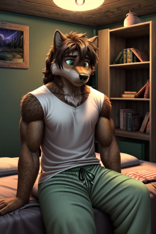 Furry anthropomorphic wolf, Russet brown fur, dark brown hair, dark green eyes, 6'1 and 173 lbs, 41" Chest, 19" Shoulders, 13" Biceps, 32" waist, 23" Thighs, 15" Calves, 19" Back, wearing white T-shirt, wearing mint green pajama pants, sitting on edge of bed, Pine Green bed sheets, inside bedroom, green walls, logcabin, bookshelves, terrariums, maps on the walls, night time scene, late at night, dark room, nightime outside, looking down, worried, staring, blanket wrapped around themself, soft colors, vivid colors, pastel color, soft shading,