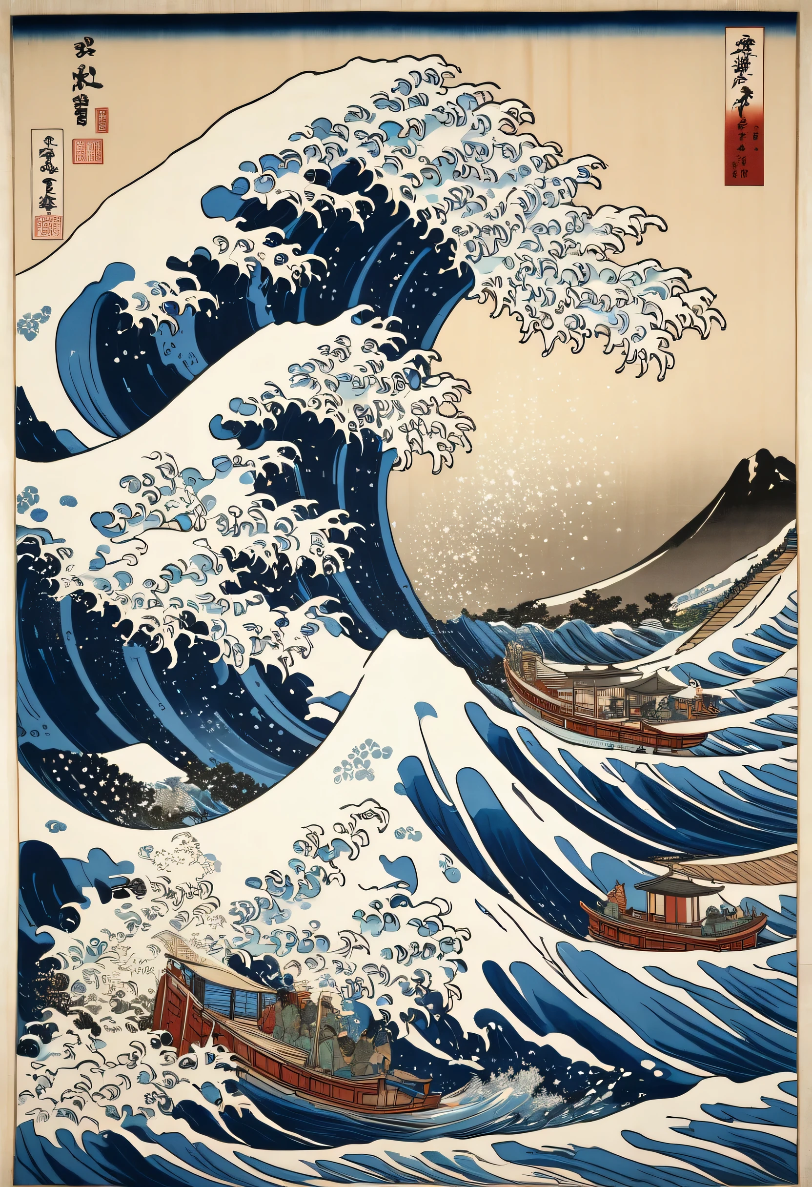 A picture of big waves with a mountain background, Hokusai&#39;s woodblock prints, shutter stock, ukiyo-e, big waves off kanagawa, the big waves off kanagawa, big waves of hokusai, big waves, katsushika Hokusai style, Hokusai style, katsuhika hokusai