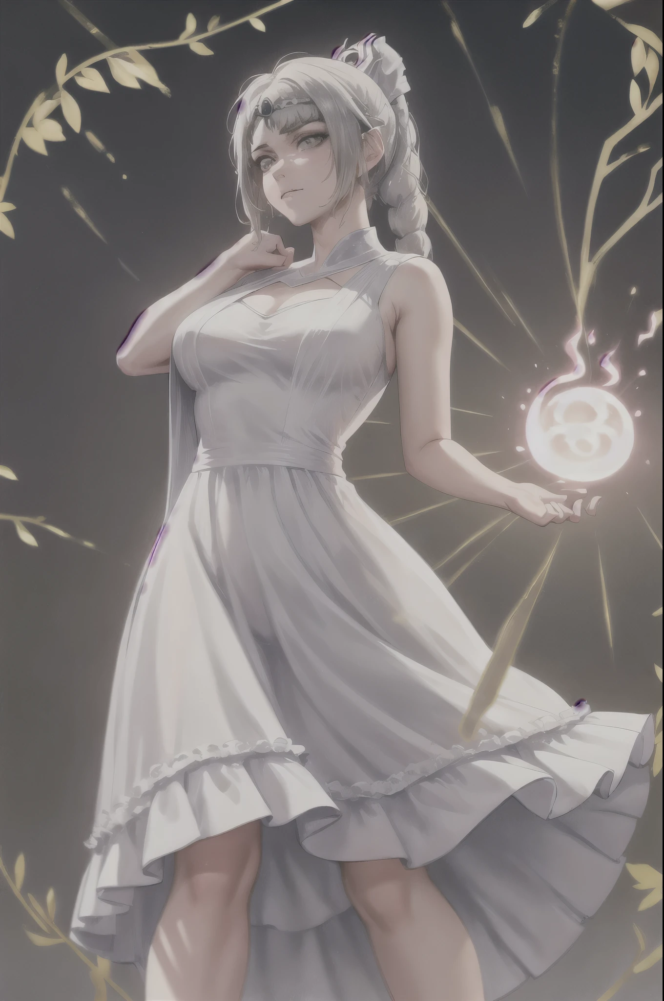 obra de arte, Melhor qualidade,4k, 1 garota, dark heart, cabelo branco, braided ponytail, olhos verdes, diadema, tronco, armaduras, inexpressivo, outline, olhando para o espectador, no background, ultra quality eyes,simple background,wearing a white dress holding a shield,blessed by the light,high quality face,cute face,no NSFW,rosto lindo,rosto fofo,rosto corajoso