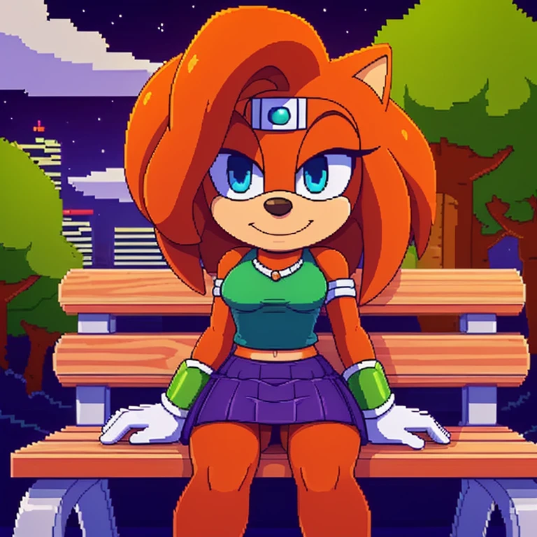 (uploaded on e621 superior quality award winning quality), (intricate detail and scene composition and complex design), (widescreen absurd res 2D digital media drawn in sprite pixel art style and isometric role playing game style:1.2), (solo 1girl three-quarter portrait close up front view looking at viewer:1.2), perfect anatomy 5 fingers, excellent facial detail, (female cute anthro Tikal the echidna), half-closed eyes blue eyes, (smirk:1.2), (wearing green patterned skirt and top:1.2), medium breasts, white gloves, armlet, midriff, (hand behind head and hand on bench sitting on a wooden bench in a park with trees and night sky and suburb skyline in the background),