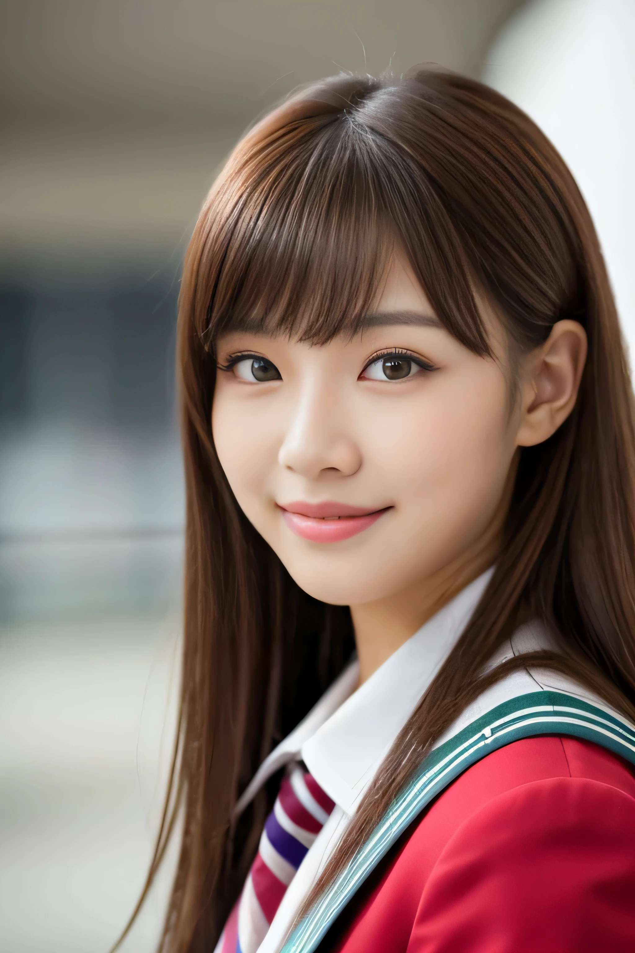 (close up of face)　((highest quality)), ((masterpiece)), (get used to it)　perfect beautiful face　(The most beautiful 24-year-old Japanese in Japan)　　(She stands tall in the aisle of the plane., towards the viewer, With perfect posture)　(This is inside an international flight.　in front of a white wall)　((She is looking at the audience　Gazing lovingly　and、With a bright face and a smile))　(The bangs are cutely styled in a princess cut., dull bangs)　((Wavy Hair))　Hair length is random　(Professional flawless beautiful makeup)　lipstick is bright red　Eyeliner is black　(Her hair is detailed and realistic., thin, shiny,Beautiful luster　a lot of hair　And beautiful.)　((Rich 1.4))　8K　(Ultra-fine skin texture 1.4)　(actual, lively:1.4), double eyelid　sharp focus:1.2、Beautiful woman:1.4　　The whole body is super beautiful々New skin texture　She's perfect, clear, beautiful skin, Typical healthy Japanese skin tone...　Beautiful shiny makeup　Typical Japanese body type　((Typical Stewardess Uniform))　(real photos)　Her hair is jet black.　Her hair color is light brown.　Hair color is natural brown　big breasts
