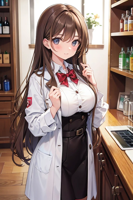 Italian girl, 25 years old, long brown hair dressed as a busty chemist