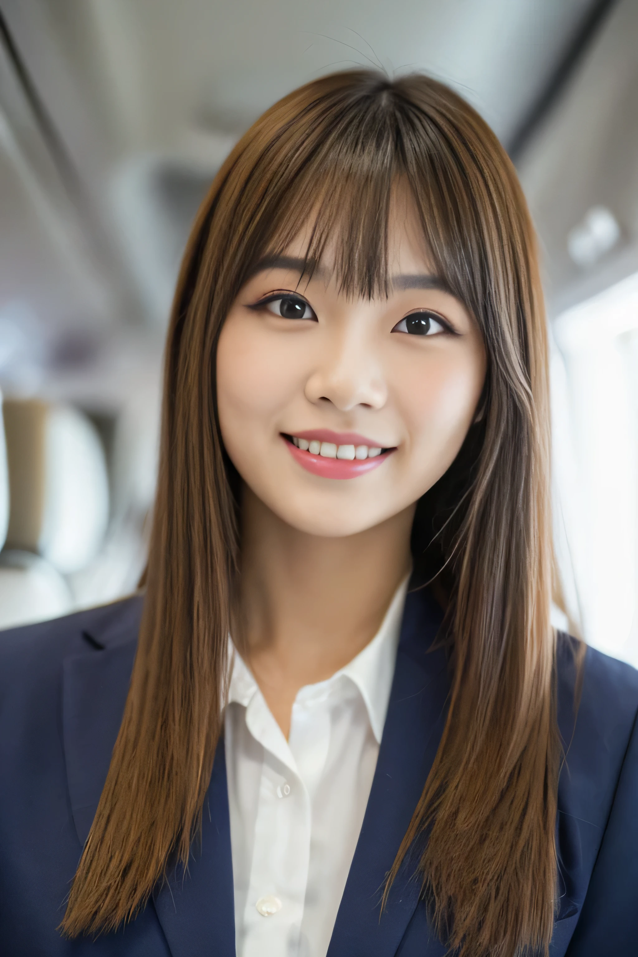 (close up of face) ((highest quality)), ((masterpiece)), (get used to it) perfect beautiful face (The most beautiful 24-year-old Japanese in Japan) (She stands tall in the aisle of the plane., towards the viewer, With perfect posture) (This is inside an international flight. in front of a white wall) ((She is looking at the audience Gazing lovingly and、With a bright face and a smile)) (The bangs are cutely styled in a princess cut., dull bangs) ((Wavy Hair)) Hair length is random (Professional flawless beautiful makeup) lipstick is bright red Eyeliner is black (Her hair is detailed and realistic., thin, shiny,Beautiful luster a lot of hair And beautiful.) ((Rich 1.4)) 8K (Ultra-fine skin texture 1.4) (actual, lively:1.4), double eyelid sharp focus:1.2、Beautiful woman:1.4 The whole body is super beautiful々New skin texture She's perfect, clear, beautiful skin, Typical healthy Japanese skin tone... Beautiful shiny makeup Typical Japanese body type ((Typical Stewardess Uniform)) (real photos) Her hair is jet black. Her hair color is light brown. Hair color is natural brown big breasts