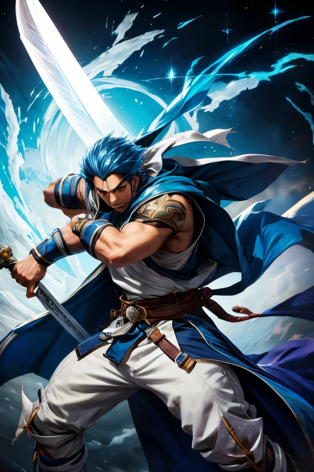 Arabian man with blue hair and white clothing holding a sword, guilty gear fort graphics, fighting game characters, wearing monster hunter armor, shinkiro toshiaki mori, As a Tekken character, guilty gear fort splash art, software version, Genshin Impact&#39;s discontinuation, Phantasy Star Online, 