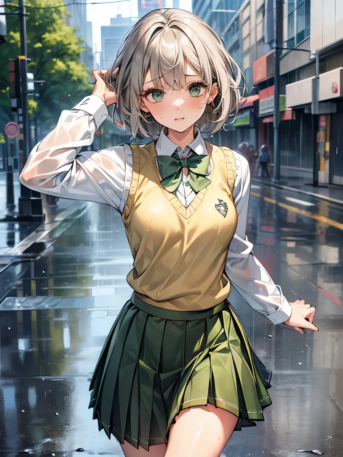 1 girl, Solo, Cute Girl, , Best Quality, Ultra-detailed, 8K, High resolution, Detailed face, gray hair, medium short hair, (((wet hair:1.5, wet clothes:1.5, heavy rain, running on the street, panicking))), (((school uniform, knitted vest, light yellow vest, bowtie, long sleeve shirt, pleated skirt, green skirt)))),