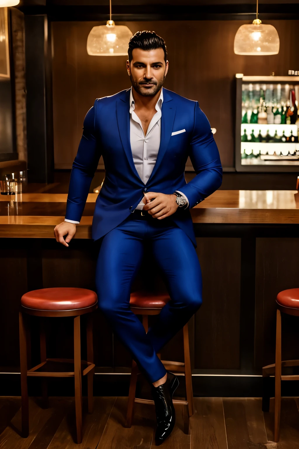 Italian, masculine seductive  gay man, in his mid 40s, dressed in skintight business suit, muscular thighs, legs spread wide open, his voluptuous bulge is visibly featured,, seated on a high stool in a bar