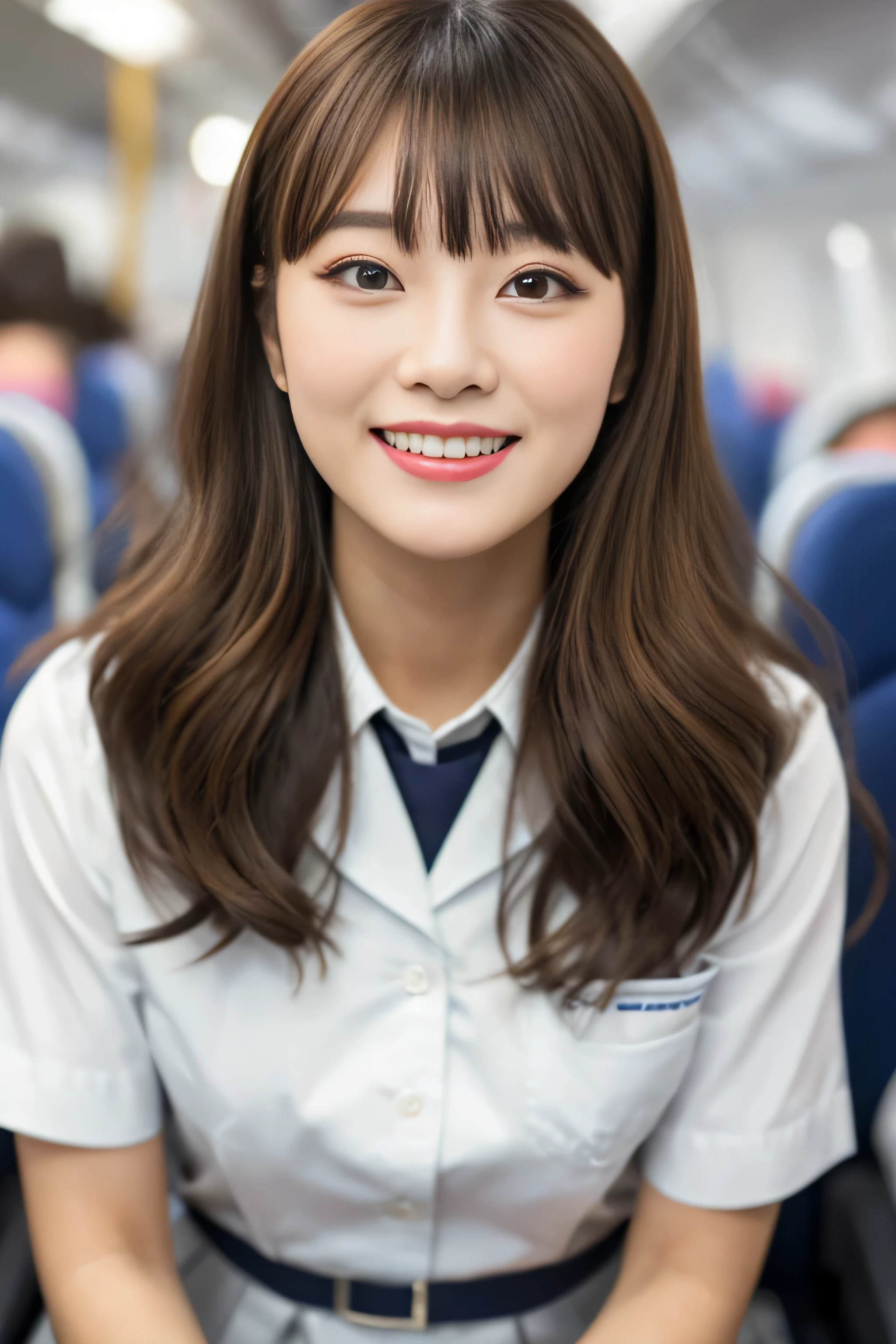 (Extra close up of face) ((highest quality)), ((masterpiece)), (get used to it) perfect beautiful face (The most beautiful 24-year-old Japanese in Japan) (She stands tall in the aisle of the plane., towards the viewer, With perfect posture) (This is inside an international flight. Professional interior decoration) ((She is looking at the audience Gazing lovingly and、With a bright face and a smile)) (The bangs are cutely styled in a princess cut., dull bangs) ((Wavy Hair)) Hair length is random (Professional flawless beautiful makeup) lipstick is bright red Eyeliner is black (Her hair is detailed and realistic., thin, shiny,Beautiful luster a lot of hair And beautiful.) ((Rich 1.4)) 8K (Ultra-fine skin texture 1.4) (actual, lively:1.4), double eyelid sharp focus:1.2、Beautiful woman:1.4 The whole body is super beautiful々New skin texture She's perfect, clear, beautiful skin, Typical healthy Japanese skin tone... Beautiful shiny makeup Typical Japanese body type ((Typical Stewardess Uniform)) (real photos) Hair color is blonde Her hair is jet black. Her hair color is light brown. Hair color is natural brown big breasts