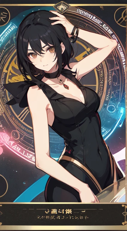 22-year-old female ,black hair, brown eyes, Thin, Big ,Decorated with a bow on the head, Black elegant women's suit, magic circle, Make it like tarot anime style but without the frame, The eyes are firm, time energy, Master the time