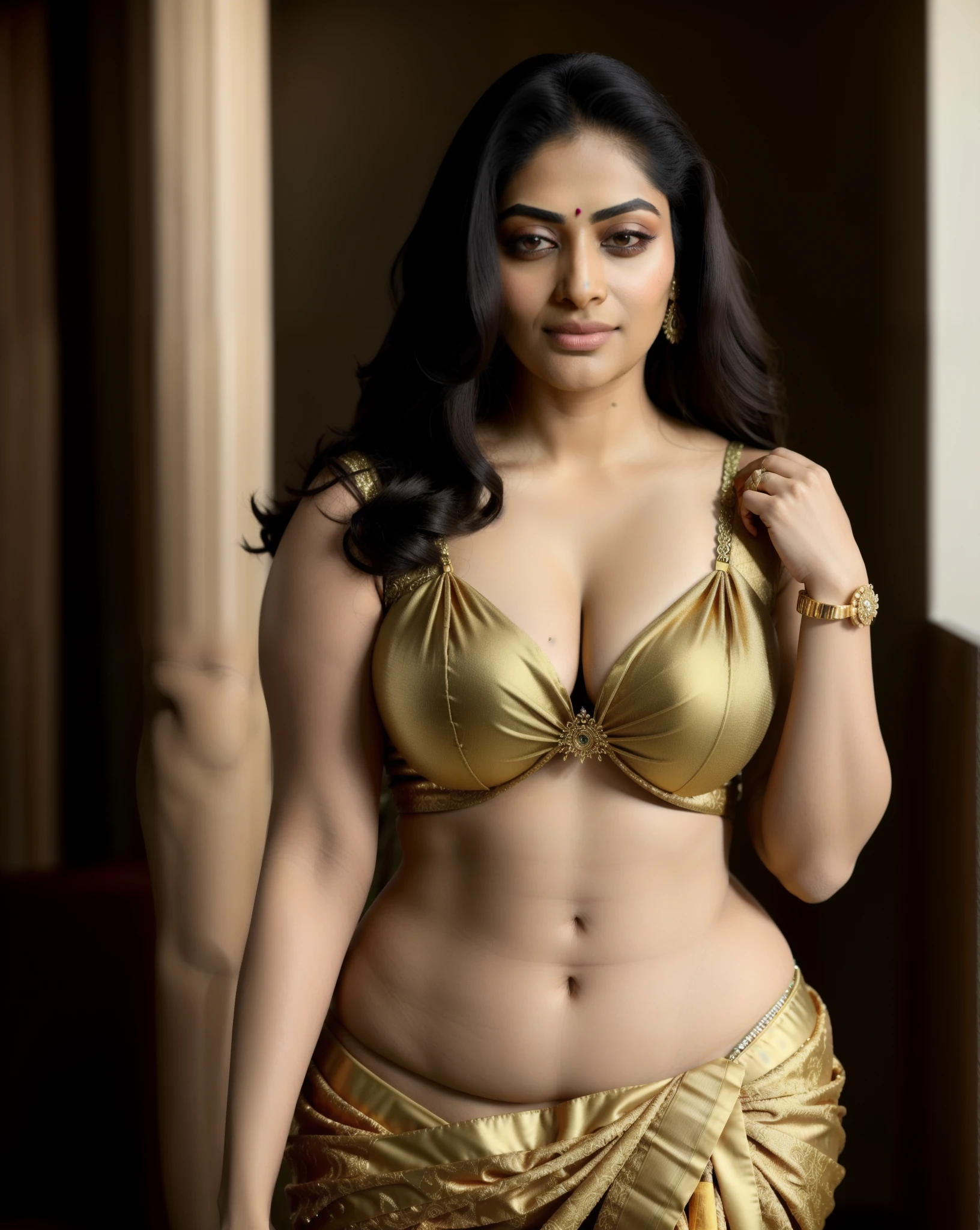 anusha hot cleavage cleavage in gold sari, indian goddess, sexy movie photo, indian, indian super model, giant stunning goddess shot, curvaceous. detailed expression, gold bra, beautiful goddess, golden goddess, curvaceous. detailed, large breasts size, with large breasts, provocative indian, alluring plus sized model, gorgeous woman, thicc, best quality, uhd, 8k, 32k, intricate,