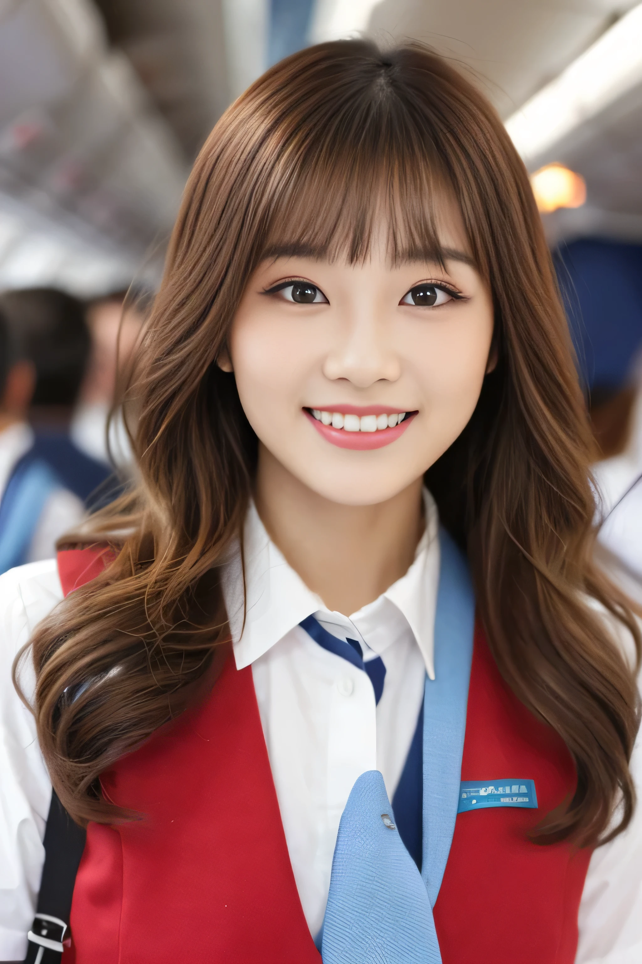 (Extra close up of face) ((highest quality)), ((masterpiece)), (get used to it) perfect beautiful face (The most beautiful 24-year-old Japanese in Japan) (She stands tall in the aisle of the plane., towards the viewer, With perfect posture) (This is inside an international flight. Professional interior decoration) ((She is looking at the audience Gazing lovingly and、With a bright face and a smile)) (The bangs are cutely styled in a princess cut., dull bangs) ((Wavy Hair)) Hair length is random (Professional flawless beautiful makeup) lipstick is bright red Eyeliner is black (Her hair is detailed and realistic., thin, shiny,Beautiful luster a lot of hair And beautiful.) ((Rich 1.4)) 8K (Ultra-fine skin texture 1.4) (actual, lively:1.4), double eyelid sharp focus:1.2、Beautiful woman:1.4 The whole body is super beautiful々New skin texture She's perfect, clear, beautiful skin, Typical healthy Japanese skin tone... Beautiful shiny makeup Typical Japanese body type ((Typical Stewardess Uniform)) (real photos) Hair color is blonde Her hair is jet black. Her hair color is light brown. Hair color is natural brown big breasts
