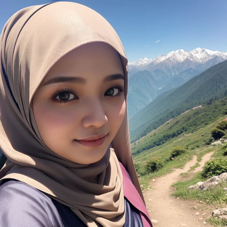 25 years old, Hijab Indonesian adult woman, long Muslim clothes, on the mountain, beautiful scenery around, Bright light, during the day, close up