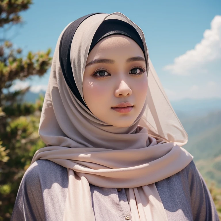 25 years old, Hijab Indonesian adult woman, long Muslim clothes, on the mountain, beautiful scenery around, Bright light, during the day, close up