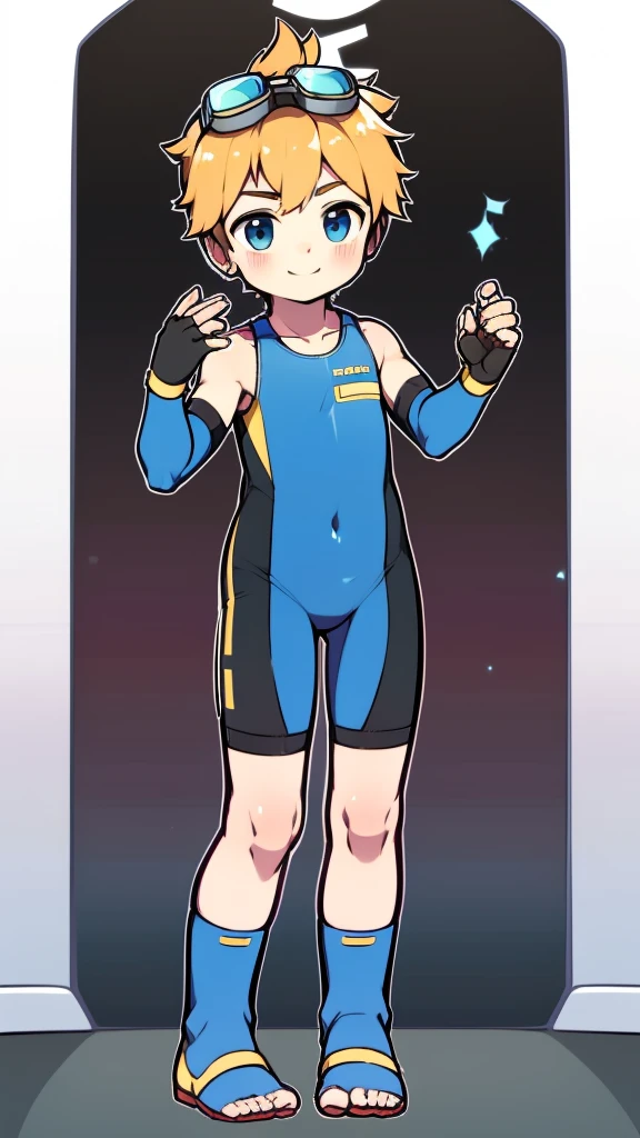 ((A  boy))，(Youthful feeling)，One-piece mountaineering suit，slender figure,Healthy limbs，goggles，fingerless gloves，cotton socks，short sleeves，stand up，Smile