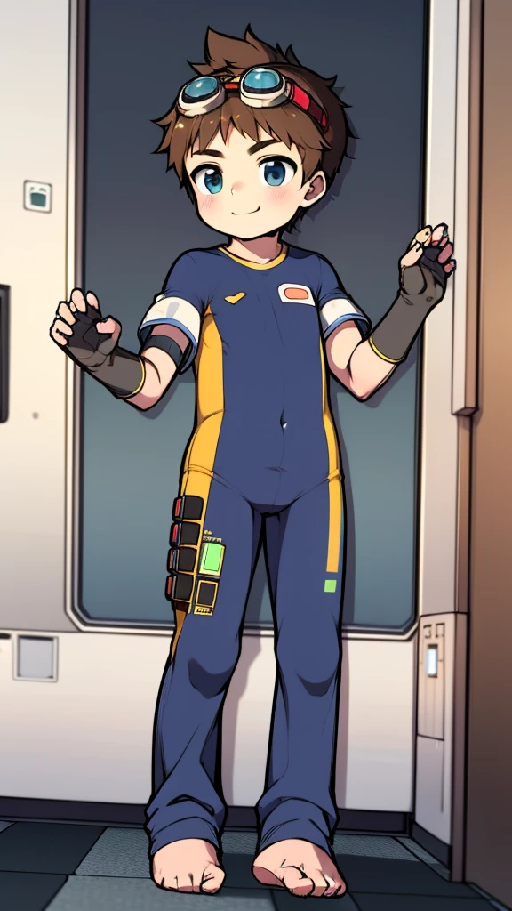 ((A boy)),(Youthful feeling),One-piece mountaineering suit,slender figure,Healthy limbs,goggles,fingerless gloves,cotton socks,short sleeves,stand up,Smile