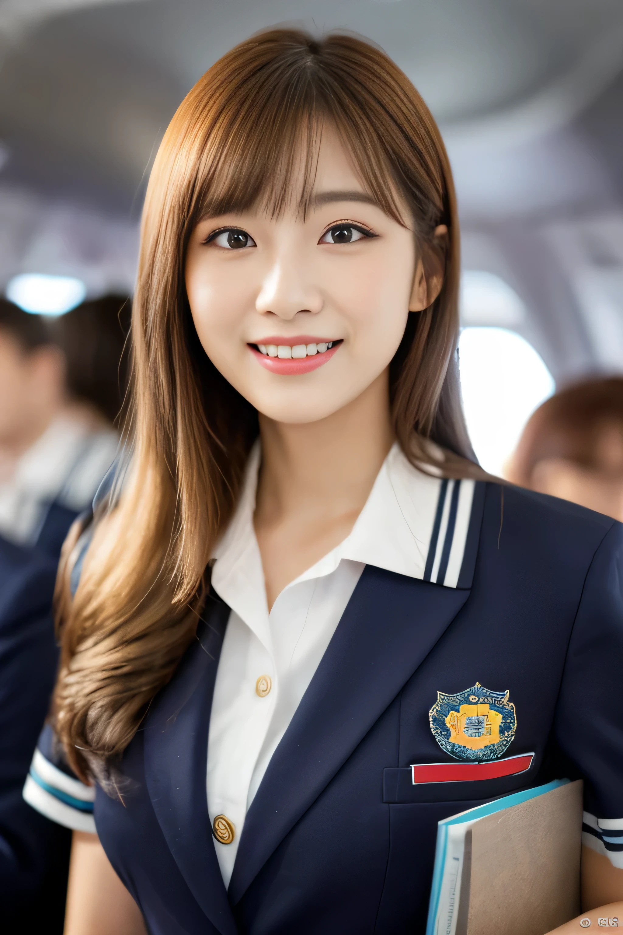 (Extra close up of face) ((highest quality)), ((masterpiece)), (get used to it) perfect beautiful face (The most beautiful 24-year-old Japanese in Japan) (She stands tall in the aisle of the plane., towards the viewer, With perfect posture) This is inside an international flight. ((She is looking at the audience Gazing lovingly and、With a bright face and a smile)) (The bangs are cutely styled in a princess cut., dull bangs) ((Wavy Hair)) Hair length is random (Professional flawless beautiful makeup) lipstick is bright red Eyeliner is black (Her hair is detailed and realistic., thin, shiny,Beautiful luster a lot of hair And beautiful.) ((Rich 1.4)) 8K (Ultra-fine skin texture 1.4) (actual, lively:1.4), double eyelid sharp focus:1.2、Beautiful woman:1.4 The whole body is super beautiful々New skin texture She's perfect, clear, beautiful skin, Typical healthy Japanese skin tone... Beautiful shiny makeup Typical Japanese body type ((Typical Stewardess Uniform)) (real photos) Hair color is blonde Her hair is jet black. Her hair color is light brown. Hair color is natural brown big breasts