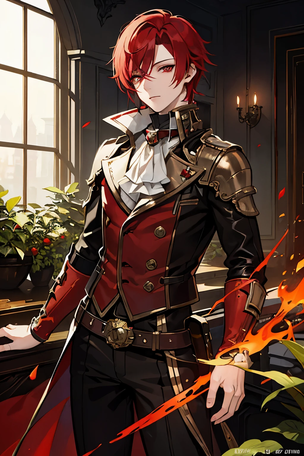 male　red hair　red eyes　steampunk　garden　Playing with Shepard　dog　masterpiece　Highest image quality　noise removal　clear parts 　cinematic shadow　Increases the attractiveness of the eyes　clear parts the shine of the eyes　draw eyelashes neatly　perfect eyes　detailed eyes　sharpen image quality　sharpen eye writing　clear parts eye shape