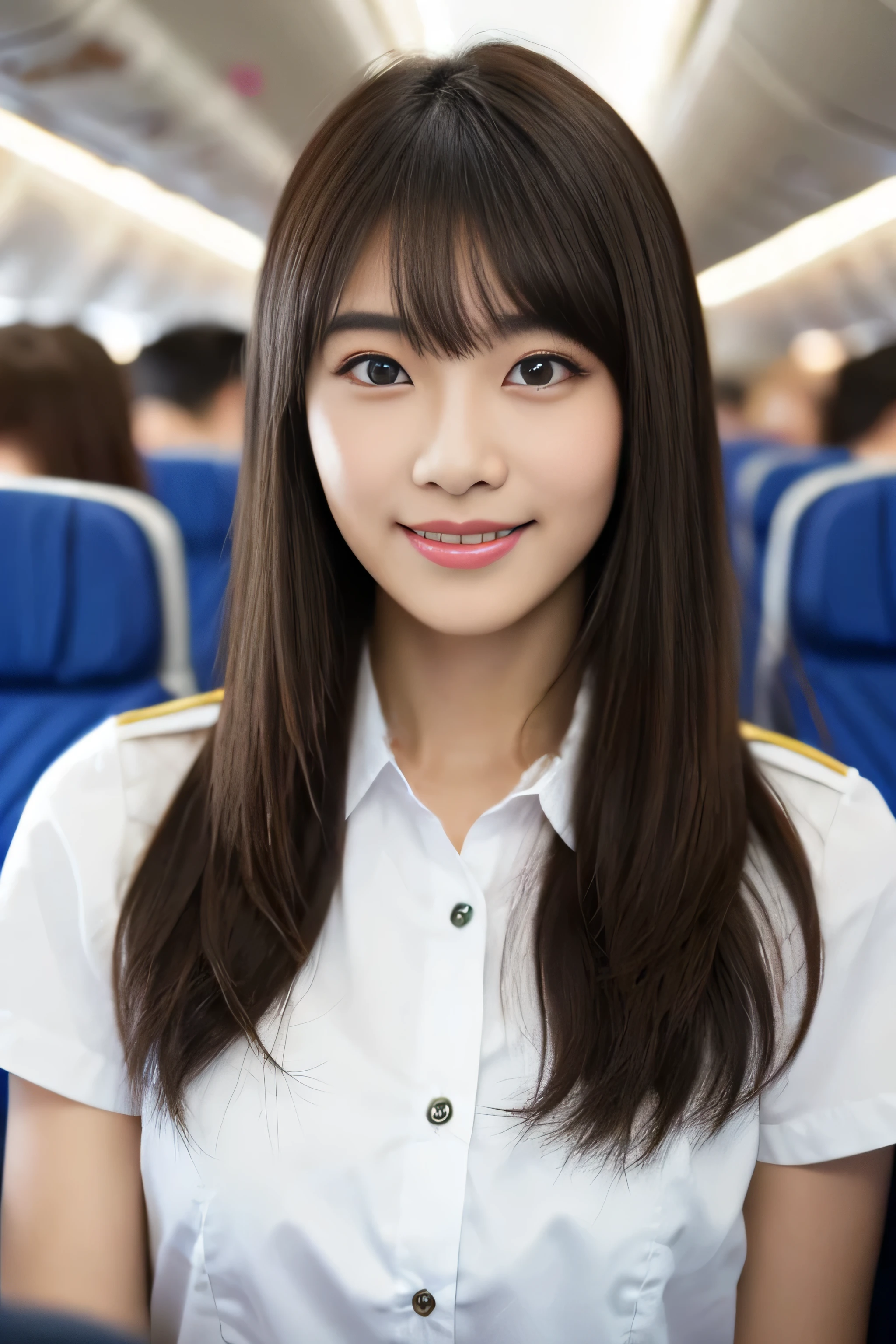 (extreme close-up)　((highest quality)), ((masterpiece)), (get used to it)　A beautiful face with perfect texture　(The most beautiful 24-year-old Japanese in Japan)　　(The bangs are cutely styled in a princess cut., dull bangs)　((Straight Hair ＆ Medium Hair　Inward roll))　(Professional flawless beautiful makeup & lipstick is bright red & Eyeliner is black)　(Her hair is detailed and realistic., thin, shiny,Beautiful luster　a lot of hair　And beautiful.)　((Rich 1.4))　8K　(Ultra-fine skin texture 1.4)　(actual, lively:1.4), double eyelid　sharp focus:1.2、Beautiful woman:1.4　　The whole body is super beautiful々New skin texture　She's perfect, clear, beautiful skin, Typical healthy Japanese skin tone...　Beautiful shiny makeup　Typical Japanese body type　(Typical Stewardess Uniform)　(real photos)　Her hair is jet black.　Her hair color is light brown.　Hair color is natural brown　This is inside an international flight.　(She stands tall in the aisle of the plane., towards the viewer, With perfect posture)　　((She is looking at the audience　Gazing lovingly　and、With a bright face and a smile))