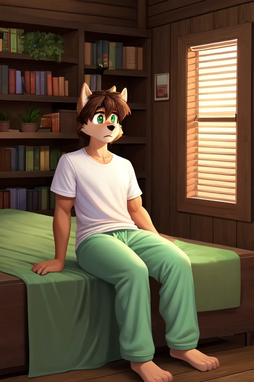 Furry anthropomorphic wolf, Russet brown fur, dark brown hair, dark green eyes, 6'1 and 173 lbs, 41" Chest, 19" Shoulders, 13" Biceps, 32" waist, 23" Thighs, 15" Calves, 19" Back, wearing white T-shirt, wearing mint green pajama pants, sitting on edge of bed, Pine Green bed sheets, inside bedroom, green walls, logcabin, bookshelves, terrariums, maps on the walls, night time scene, late at night, dark room, nightime outside, looking down, worried, staring, blanket wrapped around themself, soft colors, vivid colors, pastel color, soft shading,