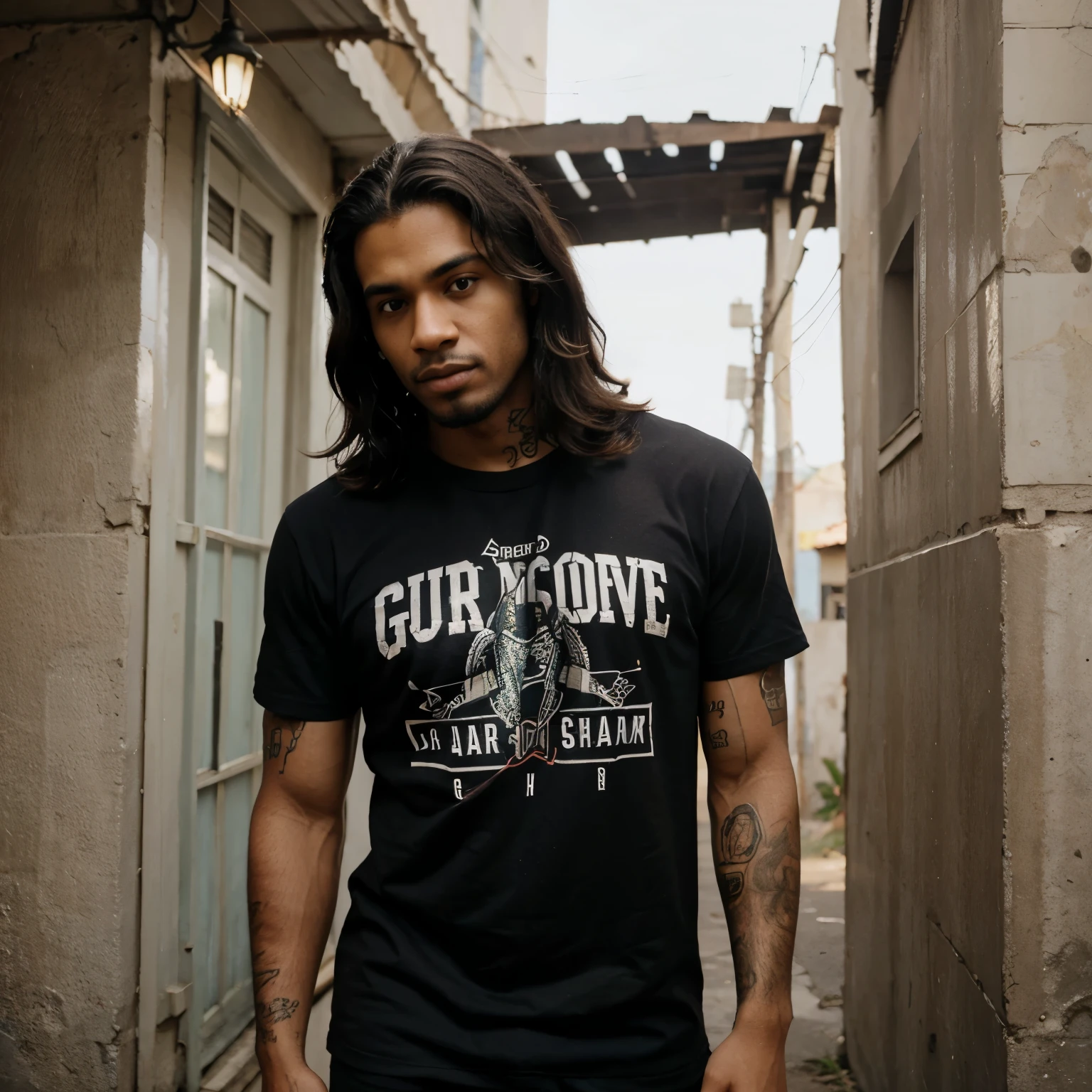Homem negro de cabelo cacheado, cheio de tatuagens e com roupa da gangue Grove street, segurando duas armas