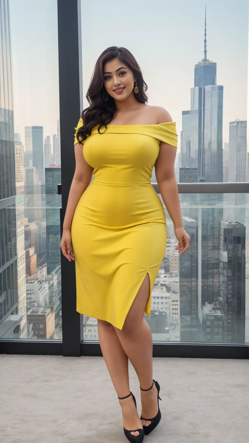 madhubala Indian beautiful actress curvy plus size hour glass bulky huge figure woman, closeup camera view, big huge m-cup breast, wearing SHEIN Young Girl Pleated Elegant Party Princess Dress SKU: sk2305049341169119 (1000+ Reviews) GBP£6.99 GBP£9.99 -30% Including VAT Color:Yellow, elegant standing position, eye contact view, different style hairstyle, bright eyes, thin eyebrows, fair skin, blushing cheeks, prefect head to toe view, full body,Cosmopolitan Cityscape: A skyline view of a bustling city with skyscrapers, lights, and urban energy., head to toe view, full body shot, full body view, smile face, black hair, Indian face, perfect skin tone light, ultra realistic skin texture