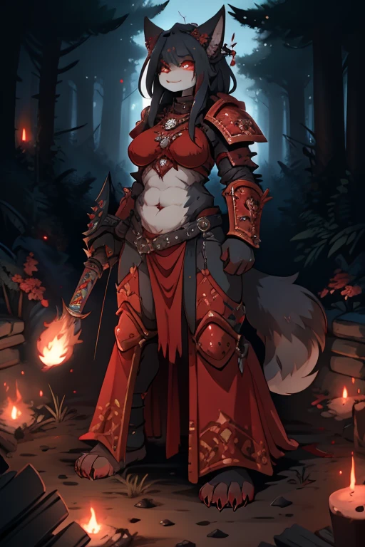 Female Furry cat+red eyes black hair with red-scarlet tips of hair tall, a little plump+ in black knight's armor face covered in blood face gloomy and serious+in the forest, one fire, dead demons lie on the ground+smoke from the fire+anime, 
huge muscled furry, wolf girl in power armor sister of battle, warhammer 40k, aesthetics of the female body, Full-length front view.
