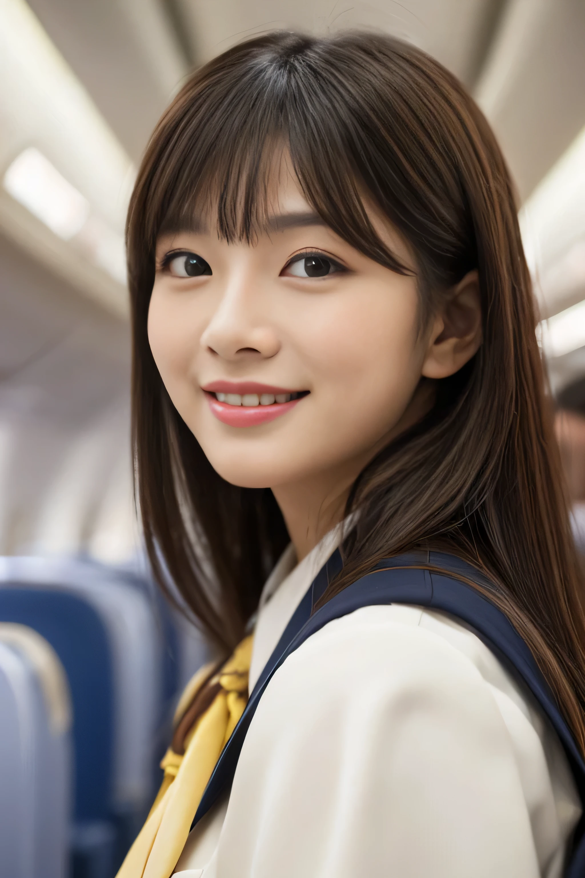 (extreme close-up) ((highest quality)), ((masterpiece)), (get used to it) A beautiful face with perfect texture (The most beautiful 24-year-old Japanese in Japan) (The bangs are cutely styled in a princess cut., dull bangs) ((Straight Hair & Medium Hair Inward roll)) (Professional flawless beautiful makeup & lipstick is bright red & Eyeliner is black) (Her hair is detailed and realistic., thin, shiny,Beautiful luster a lot of hair And beautiful.) ((Rich 1.4)) 8K (Ultra-fine skin texture 1.4) (actual, lively:1.4), double eyelid sharp focus:1.2、Beautiful woman:1.4 The whole body is super beautiful々New skin texture She's perfect, clear, beautiful skin, Typical healthy Japanese skin tone... Beautiful shiny makeup Typical Japanese body type (Typical Stewardess Uniform) (real photos) Her hair is jet black. Her hair color is light brown. Hair color is natural brown This is inside an international flight. (She stands tall in the aisle of the plane., towards the viewer, With perfect posture) ((She is looking at the audience Gazing lovingly and、With a bright face and a smile))