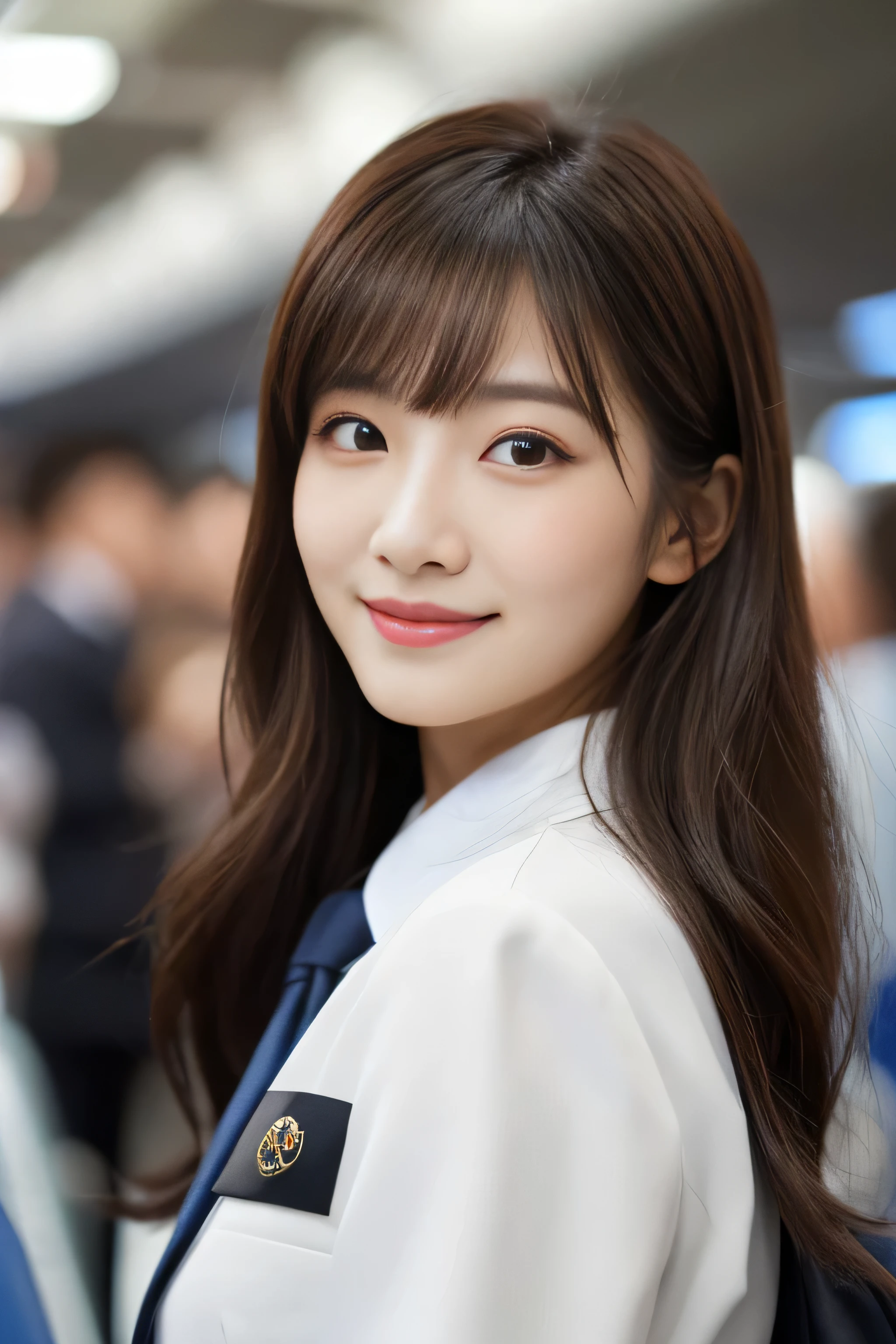 ((highest quality)), ((masterpiece)), (get used to it) A beautiful face with perfect texture (The most beautiful 24-year-old Japanese in Japan) (The bangs are cutely styled in a princess cut., dull bangs) ((Straight Hair & Medium Hair Inward roll)) (Professional flawless beautiful makeup & lipstick is bright red & Eyeliner is black) (Her hair is detailed and realistic., thin, shiny,Beautiful luster a lot of hair And beautiful.) ((Rich 1.4)) 8K (Ultra-fine skin texture 1.4) (actual, lively:1.4), double eyelid sharp focus:1.2、Beautiful woman:1.4 The whole body is super beautiful々New skin texture She's perfect, clear, beautiful skin, Typical healthy Japanese skin tone... Beautiful shiny makeup Typical Japanese body type (Typical Stewardess Uniform) (real photos) Her hair is jet black. Her hair color is light brown. Hair color is natural brown This is inside an international flight. (She stands tall in the aisle of the plane., towards the viewer, With perfect posture) ((She is looking at the audience Gazing lovingly and、With a bright face and a smile))