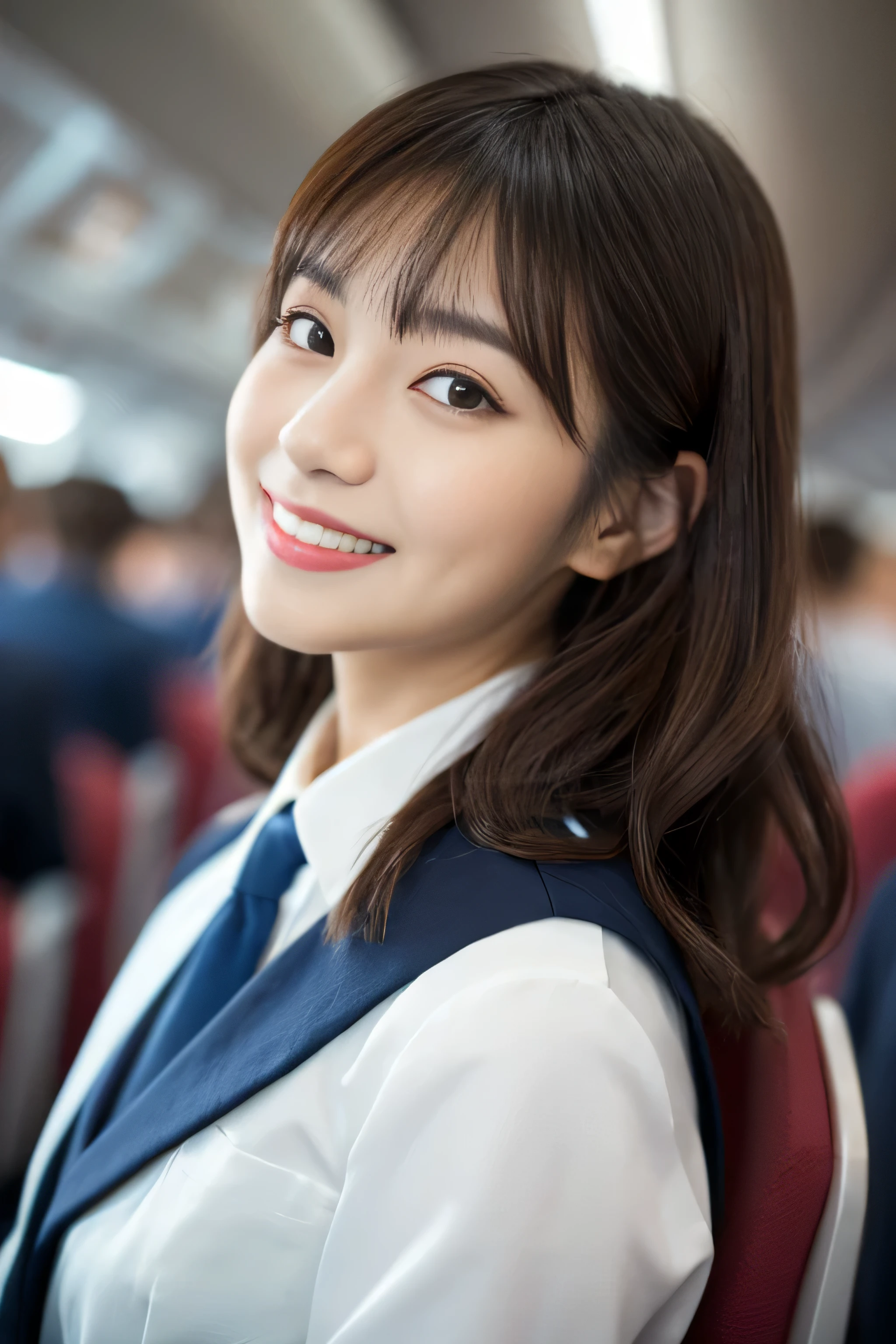 ((highest quality)), ((masterpiece)), (get used to it) A beautiful face with perfect texture (The most beautiful 24-year-old Japanese in Japan) (The bangs are cutely styled in a princess cut., dull bangs) ((Straight Hair & Medium Hair Inward roll)) (Professional flawless beautiful makeup & lipstick is bright red & Eyeliner is black) (Her hair is detailed and realistic., thin, shiny,Beautiful luster a lot of hair And beautiful.) ((Rich 1.4)) 8K (Ultra-fine skin texture 1.4) (actual, lively:1.4), double eyelid sharp focus:1.2、Beautiful woman:1.4 The whole body is super beautiful々New skin texture She's perfect, clear, beautiful skin, Typical healthy Japanese skin tone... Beautiful shiny makeup Typical Japanese body type (Typical Stewardess Uniform) (real photos) Her hair is jet black. Her hair color is light brown. Hair color is natural brown This is inside an international flight. (She stands tall in the aisle of the plane., towards the viewer, With perfect posture) ((She is looking at the audience Gazing lovingly and、With a bright face and a smile))