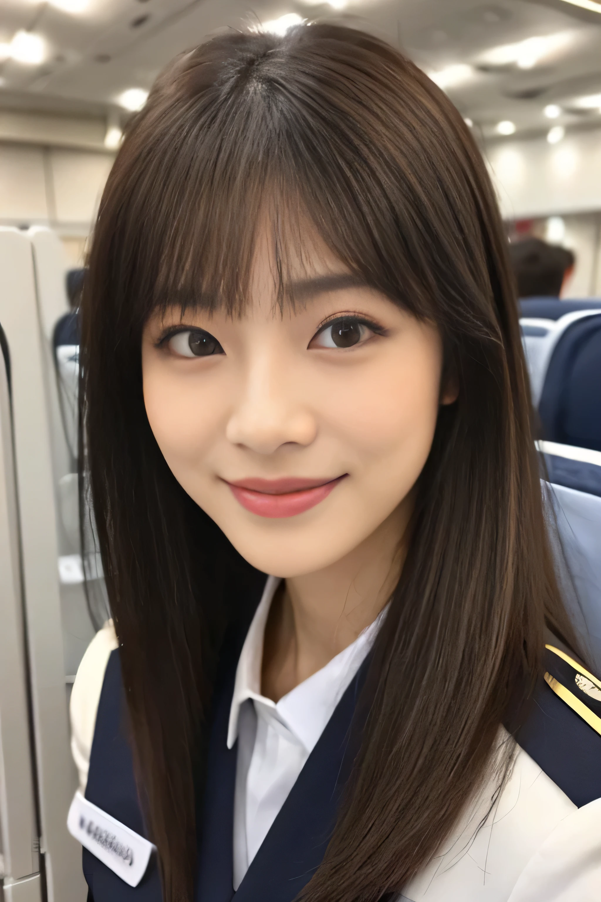 (extreme close-up) ((highest quality)), ((masterpiece)), (get used to it) A beautiful face with perfect texture (The most beautiful 24-year-old Japanese in Japan) (The bangs are cutely styled in a princess cut., dull bangs) ((Straight Hair & Medium Hair Inward roll)) (Professional flawless beautiful makeup & lipstick is bright red & Eyeliner is black) (Her hair is detailed and realistic., thin, shiny,Beautiful luster a lot of hair And beautiful.) ((Rich 1.4)) 8K (Ultra-fine skin texture 1.4) (actual, lively:1.4), double eyelid sharp focus:1.2、Beautiful woman:1.4 The whole body is super beautiful々New skin texture She's perfect, clear, beautiful skin, Typical healthy Japanese skin tone... Beautiful shiny makeup Typical Japanese body type (Typical Stewardess Uniform) (real photos) Her hair is jet black. Her hair color is light brown. Hair color is natural brown This is inside an international flight. (She stands tall in the aisle of the plane., towards the viewer, With perfect posture) ((She is looking at the audience Gazing lovingly and、With a bright face and a smile))