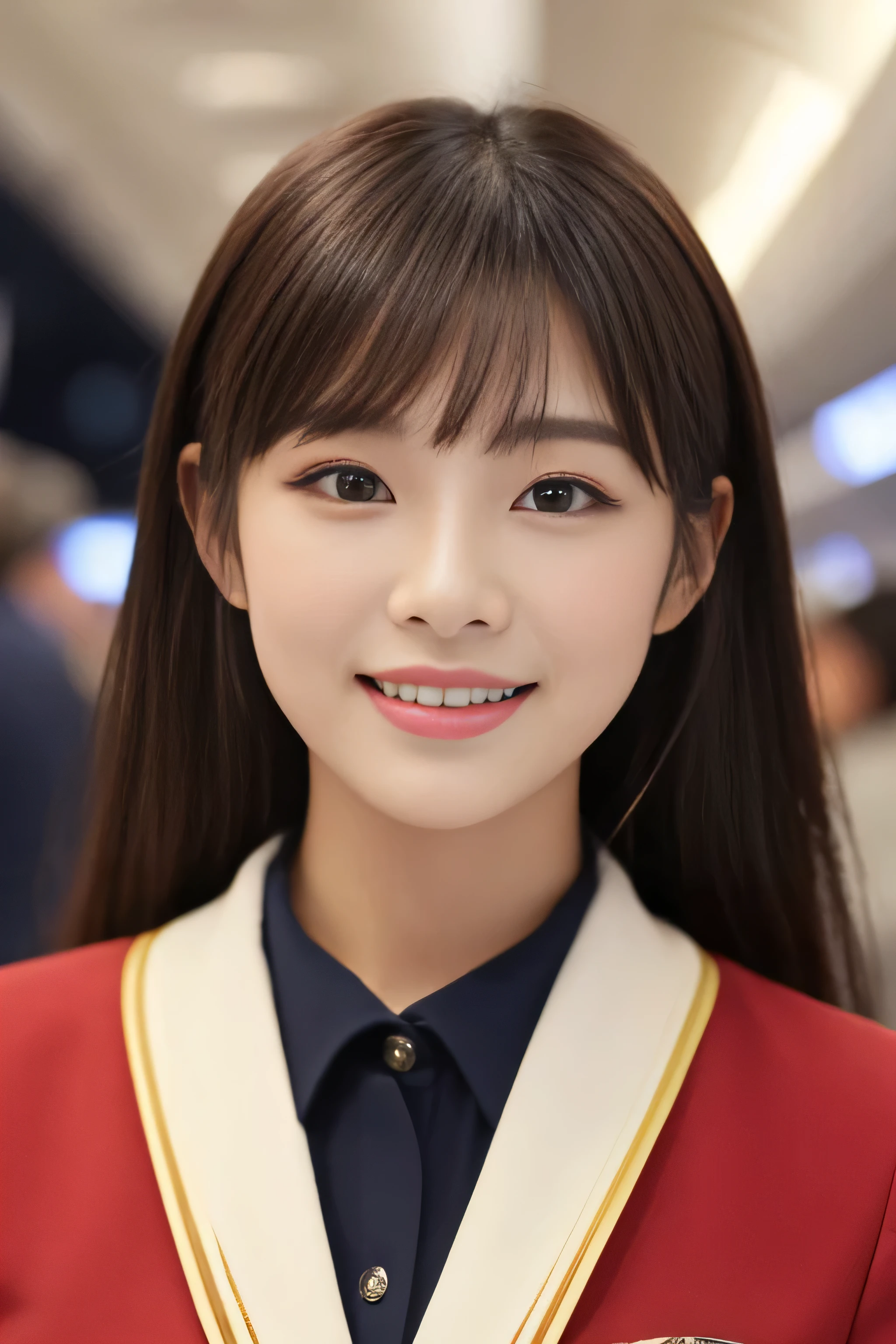 (extreme close-up)　((highest quality)), ((masterpiece)), (get used to it)　A beautiful face with perfect texture　(The most beautiful 24-year-old Japanese in Japan)　　(The bangs are cutely styled in a princess cut., dull bangs)　((Straight Hair ＆ Medium Hair　Inward roll))　(Professional flawless beautiful makeup & lipstick is bright red & Eyeliner is black)　(Her hair is detailed and realistic., thin, shiny,Beautiful luster　a lot of hair　And beautiful.)　((Rich 1.4))　8K　(Ultra-fine skin texture 1.4)　(actual, lively:1.4), double eyelid　sharp focus:1.2、Beautiful woman:1.4　　The whole body is super beautiful々New skin texture　She's perfect, clear, beautiful skin, Typical healthy Japanese skin tone...　Beautiful shiny makeup　Typical Japanese body type　(Typical Stewardess Uniform)　(real photos)　Her hair is jet black.　Her hair color is light brown.　Hair color is natural brown　This is inside an international flight.　(She stands tall in the aisle of the plane., towards the viewer, With perfect posture)　　((She is looking at the audience　Gazing lovingly　and、With a bright face and a smile))