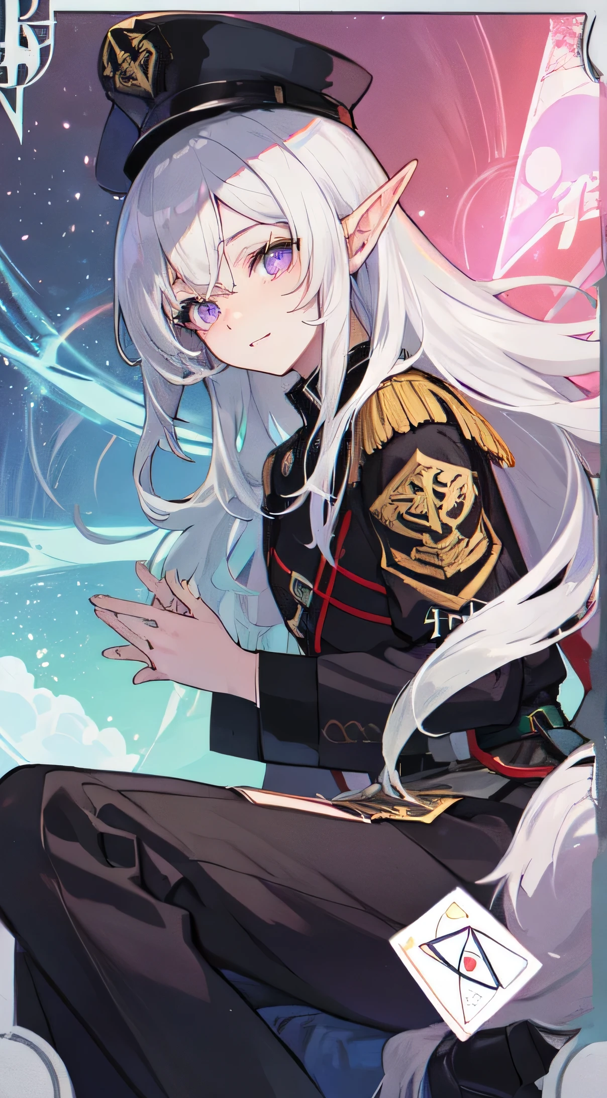 22-year-old female, Off-white hair, purple eyes, Double tail ,Thin, small ,Elf, black military uniform,, magic circle, Make it like tarot anime style but without the frame, Eye suggestions, black energy,, Black particles