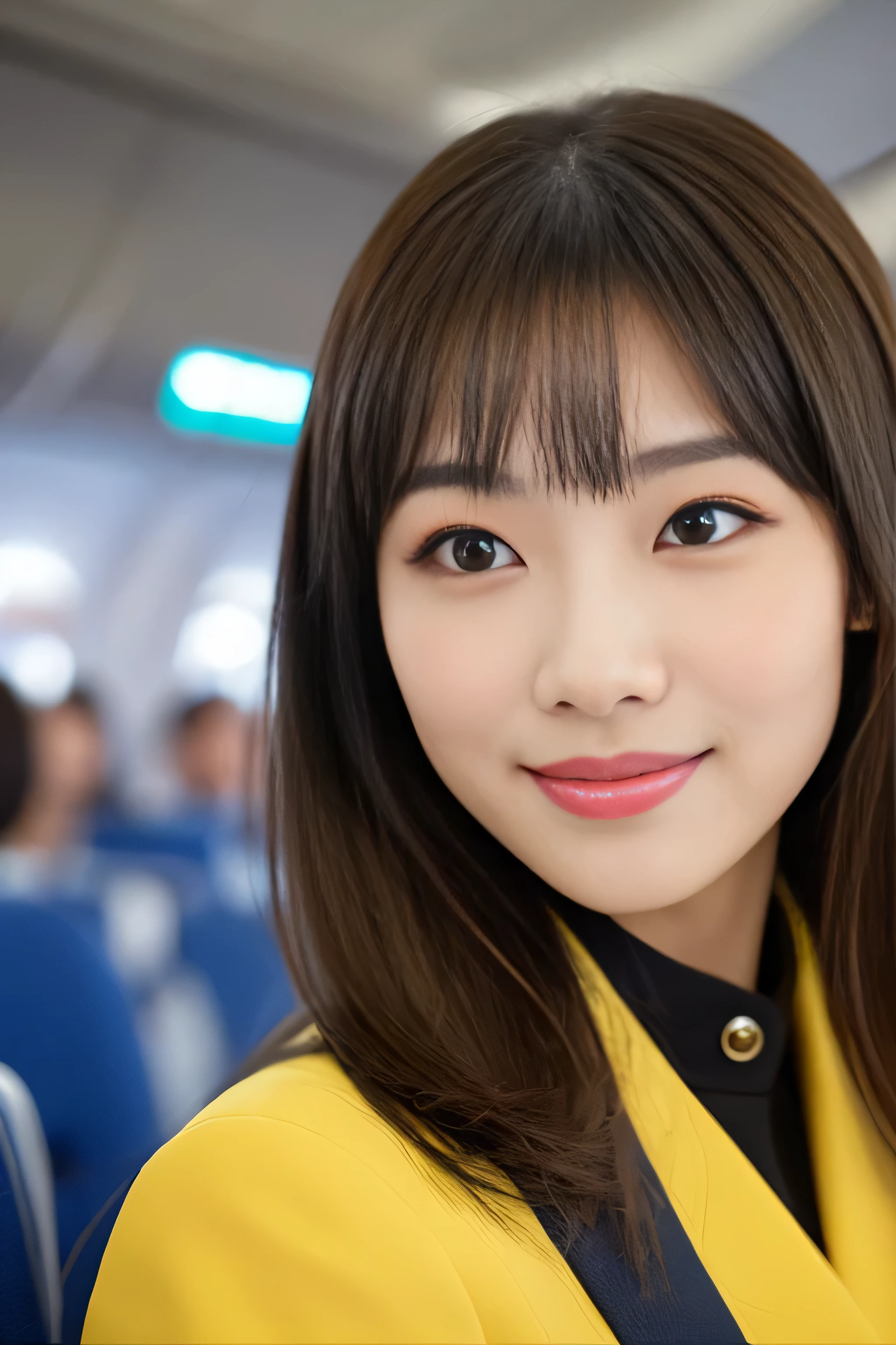 (Close-up of face only) (extreme close-up) ((highest quality)), ((masterpiece)), (get used to it) A beautiful face with perfect texture (The most beautiful 24-year-old Japanese in Japan) (The bangs are cutely styled in a princess cut., dull bangs) ((Straight Hair & Medium Hair Inward roll)) (Professional flawless beautiful makeup & lipstick is bright red & Eyeliner is black) (Her hair is detailed and realistic., thin, shiny,Beautiful luster a lot of hair And beautiful.) ((Rich 1.4)) 8K (Ultra-fine skin texture 1.4) (actual, lively:1.4), double eyelid sharp focus:1.2、Beautiful woman:1.4 The whole body is super beautiful々New skin texture She's perfect, clear, beautiful skin, Typical healthy Japanese skin tone... Beautiful shiny makeup Typical Japanese body type (Typical Stewardess Uniform) (real photos) Her hair is jet black. Her hair color is light brown. Hair color is natural brown This is inside an international flight. (She stands tall in the aisle of the plane., towards the viewer, With perfect posture) ((She is looking at the audience Gazing lovingly and、With a bright face and a smile))