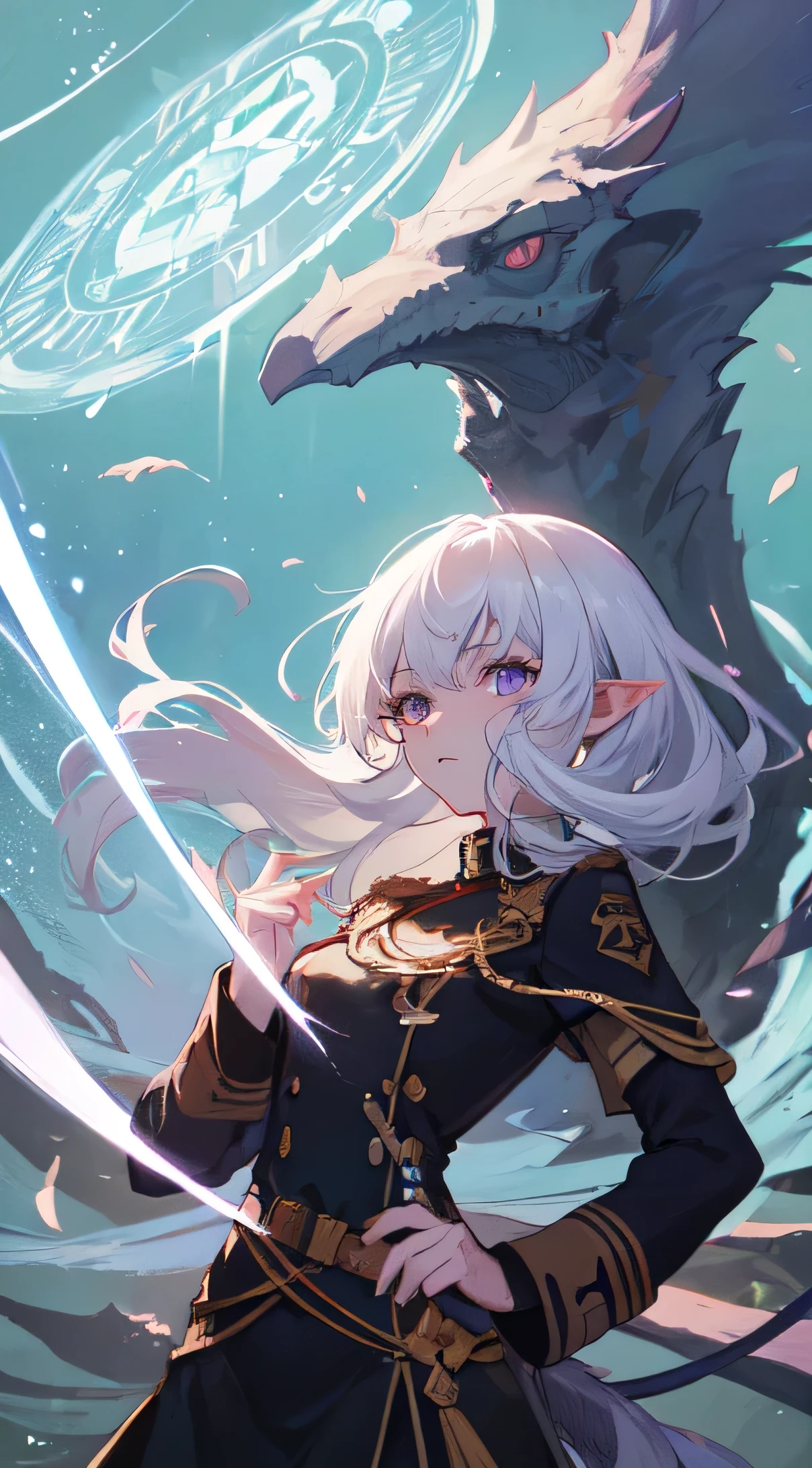 22-year-old female, Off-white hair, purple eyes, Double tail ,Thin, small ,Elf, black military uniform,, magic circle, Make it like tarot anime style but without the frame, Eye suggestions, black energy,, Black particles