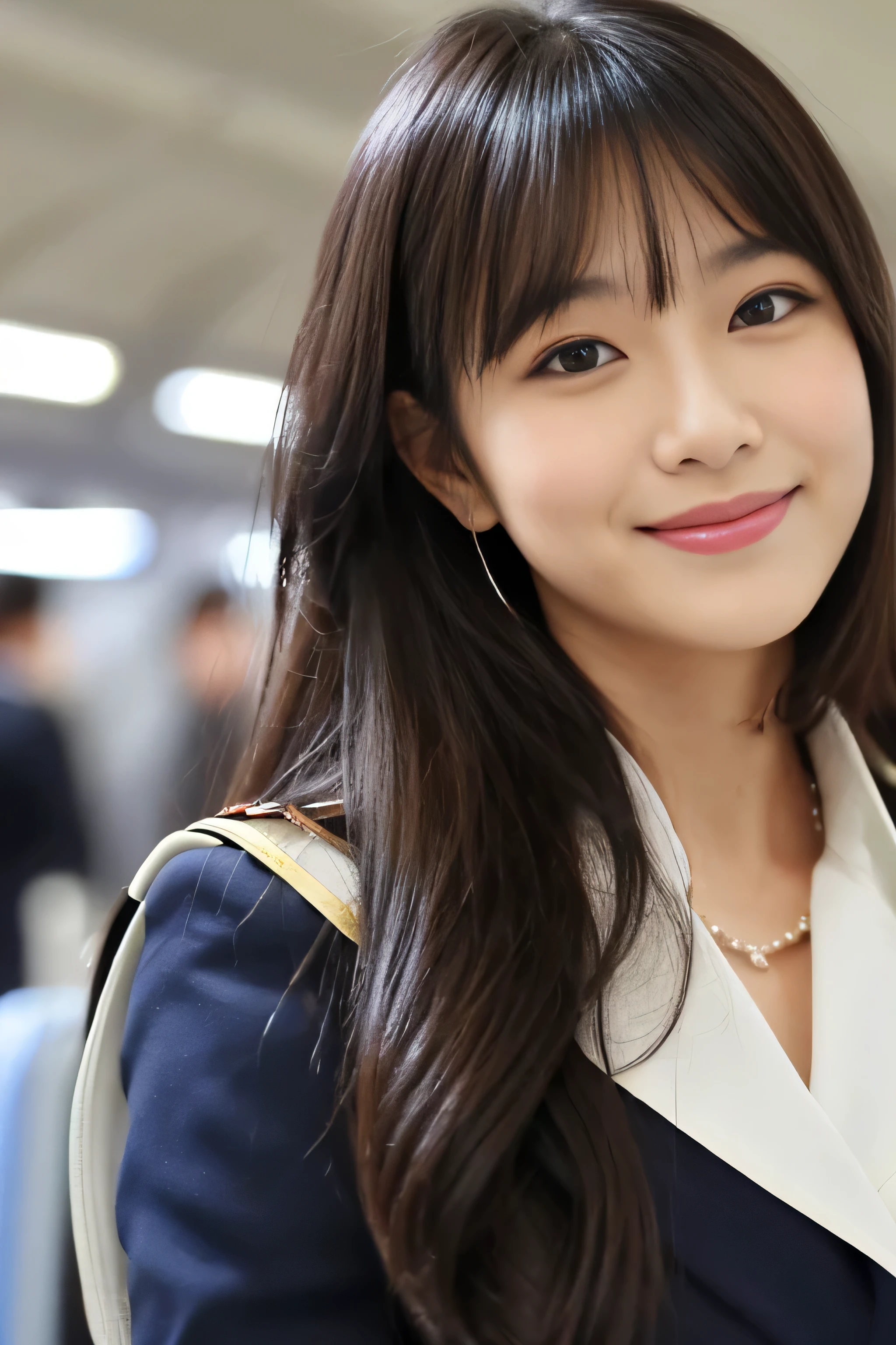 (Close-up of the head only&The gaze is on the camera) (extreme close-up) ((highest quality)), ((masterpiece)), (get used to it) A beautiful face with perfect texture (The most beautiful 24-year-old Japanese in Japan) (The bangs are cutely styled in a princess cut., dull bangs) ((Straight Hair & Medium Hair Inward roll)) (Professional flawless beautiful makeup & lipstick is bright red & Eyeliner is black) (Her hair is detailed and realistic., thin, shiny,Beautiful luster a lot of hair And beautiful.) ((Rich 1.4)) 8K (Ultra-fine skin texture 1.4) (actual, lively:1.4), double eyelid sharp focus:1.2、Beautiful woman:1.4 The whole body is super beautiful々New skin texture She's perfect, clear, beautiful skin, Typical healthy Japanese skin tone... Beautiful shiny makeup Typical Japanese body type (Typical Stewardess Uniform) (real photos) Her hair is jet black. Her hair color is light brown. Hair color is natural brown This is inside an international flight. (She stands tall in the aisle of the plane., towards the viewer, With perfect posture) ((She is looking at the audience Gazing lovingly and、With a bright face and a smile))
