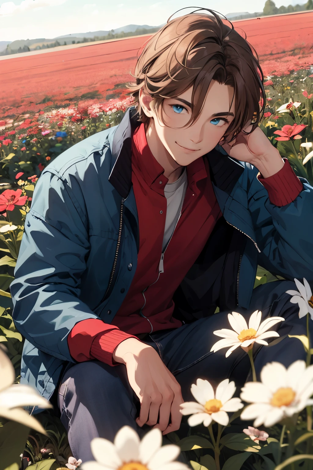 Man with brown hair and blue eyes dressed with a blue jacket laying on a flower field. He is smiling