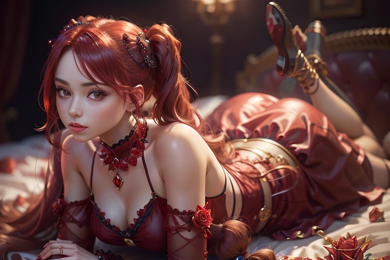 A young woman with long red twintails, Perfect proportions, (detailed eyes, eye correction, red eyes), bed of red crystal roses, ((More red crystal roses)), posing for a photo, side view, (Delicate images), (Photorealistic: 1.4), (Highly detailed), (high resolution), (Best quality), (masterpiece)
