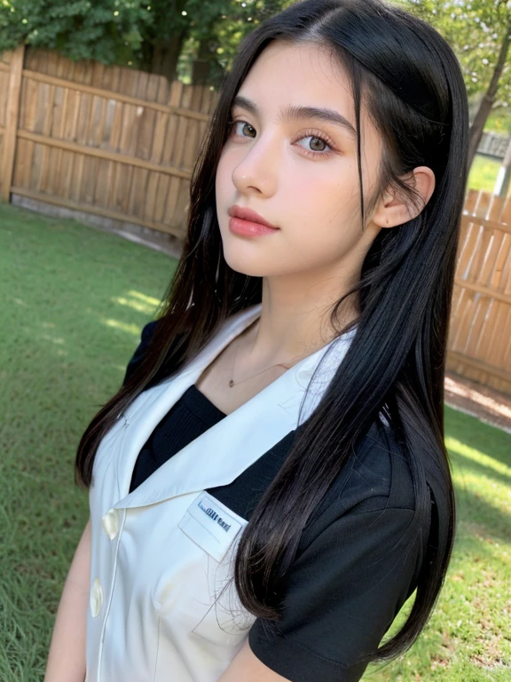 ( masterpiece, top quality, best quality,8k,17 years old girl,ultra detailed,raw photo:1.5),(photorealistic:1.4), (long black hair:1.5), (cinematic lighting), PerfectNwsjMajic, , Surrealism, UHD, ccurate, Super detail, textured skin, High detail, Best quality, dynamic angle, (high nose,White skin),[Beautiful blue eyes],[flat chest:large breasts:0.5],(1girl),(good anatomy:0.5)),(outside:1.5), uniform 