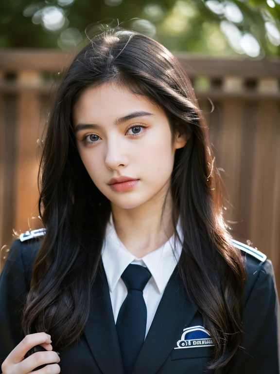 ( masterpiece, top quality, best quality,8k,17 years old girl,ultra detailed,raw photo:1.5),(photorealistic:1.4), (long black hair:1.5), (cinematic lighting), PerfectNwsjMajic, , Surrealism, UHD, ccurate, Super detail, textured skin, High detail, Best quality, dynamic angle, (high nose,White skin),[Beautiful blue eyes],[flat :large :0.5],(1girl),(good :0.5)),(outside:1.5), uniform 