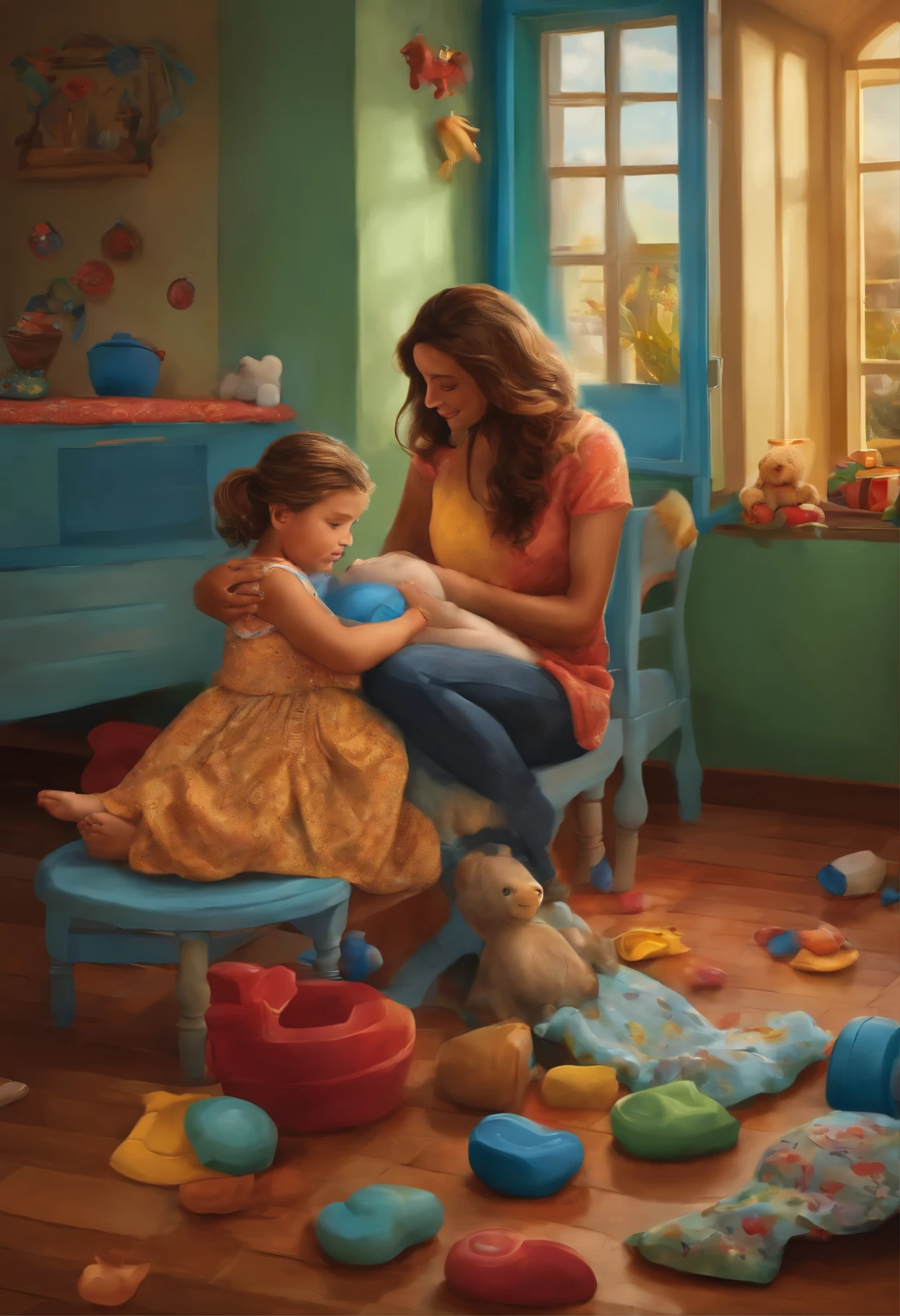 "Em uma cena comovente, a mother hugs her son while tears run down her face, refletindo a jornada desafiadora da parentalidade. Colorful toys scatter across the floor, witnessing the joys and messes of childhood. The  looks at the mother with eyes full of curiosity and trust, representing the deep connection between parents and children. This cover illustrates the complexity and beauty of parenting, onde amor, challenges and learning intertwine."