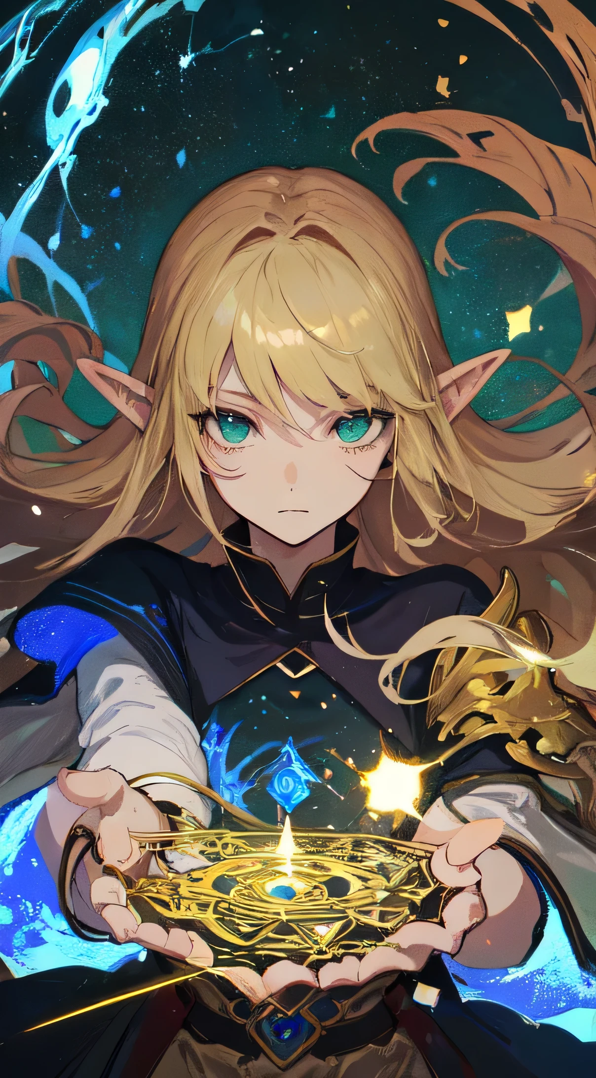 32 year old female, blond, green eyes, Thin, Big ,Elf, green light,, magic circle, Make it like tarot anime style but without the frame, innocent eyes, healing energy,, blue particles, gold particles