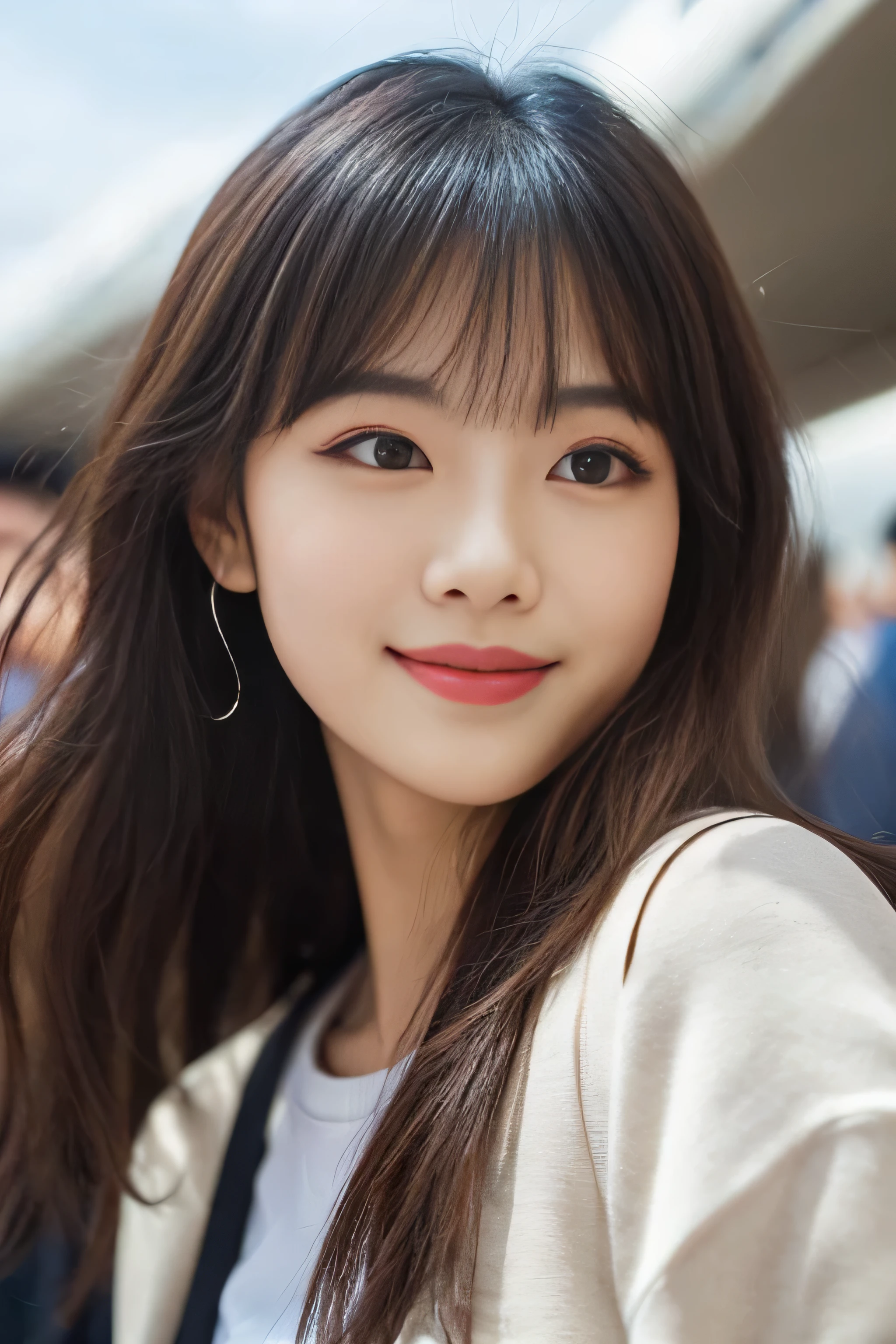 ((Resume photo)) (extreme close-up) ((highest quality)), ((masterpiece)), (get used to it) A beautiful face with perfect texture (The most beautiful 24-year-old Japanese in Japan) (The bangs are cutely styled in a princess cut., dull bangs) ((Straight medium hair)) (Professional flawless beautiful makeup & lipstick is bright red & Eyeliner is black) (Her hair is detailed and realistic., thin, shiny,Beautiful luster a lot of hair And beautiful.) ((Rich 1.4)) 8K (Ultra-fine skin texture 1.4) (actual, lively:1.4), double eyelid sharp focus:1.2、Beautiful woman:1.4 The whole body is super beautiful々New skin texture She's perfect, clear, beautiful skin, Typical healthy Japanese skin tone... Beautiful shiny makeup Typical Japanese body type (real photos) Her hair is jet black. Her hair color is light brown. Hair color is natural brown This is inside an international flight. (She stands tall in the aisle of the plane., towards the viewer, With perfect posture) ((She is looking at the audience Gazing lovingly and、With a bright face and a smile))