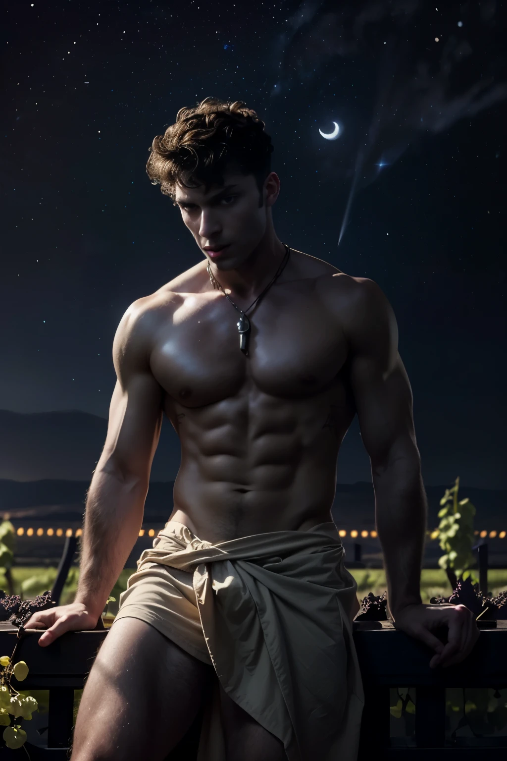 ((masterpiece)),((best quality)),8k, high detailed, ultra-detailed, Stylish Pose, real skin texture, dark lighting, 25 year-old Italian male model, hot male, (barechested:1.6), shirtless, handsome italian, cute looking, divine look, powerful light green eyes, Bacchus god, god of wine, wine god, godly, white pale skin, roman god physic, (curly hair:1.5), short curly light brown hair, dry light brown hair, (short curly hair:1.7), blond messy hair, strong jawline, masculine, muscular, defined fit body, hairless chest, shirtless, pantless, sinister aesthetic, arm ring, sitting legs open, manly spread legs,, ,(moon)(night:1.7)(dark night:1.5), torches iluminating, (vineyard:1.8), grapes, rivers of wine, barelegged, barechest, barefoot, white antique linen spartan loincloth, white linen antique draped cloth skirt, white fabric, golden chain in roman skirt ,,,, dim light, dramatic lighting, (stars in the nightsky:1.5), (dark background:1.9) Depth of field, award-winning photography, elegant, hyperrealistic, octane render, unreal, high definition, 8k resolution, highly detailed, 8k uhd, professional lighting, photon mapping, radiosity, physically-based rendering